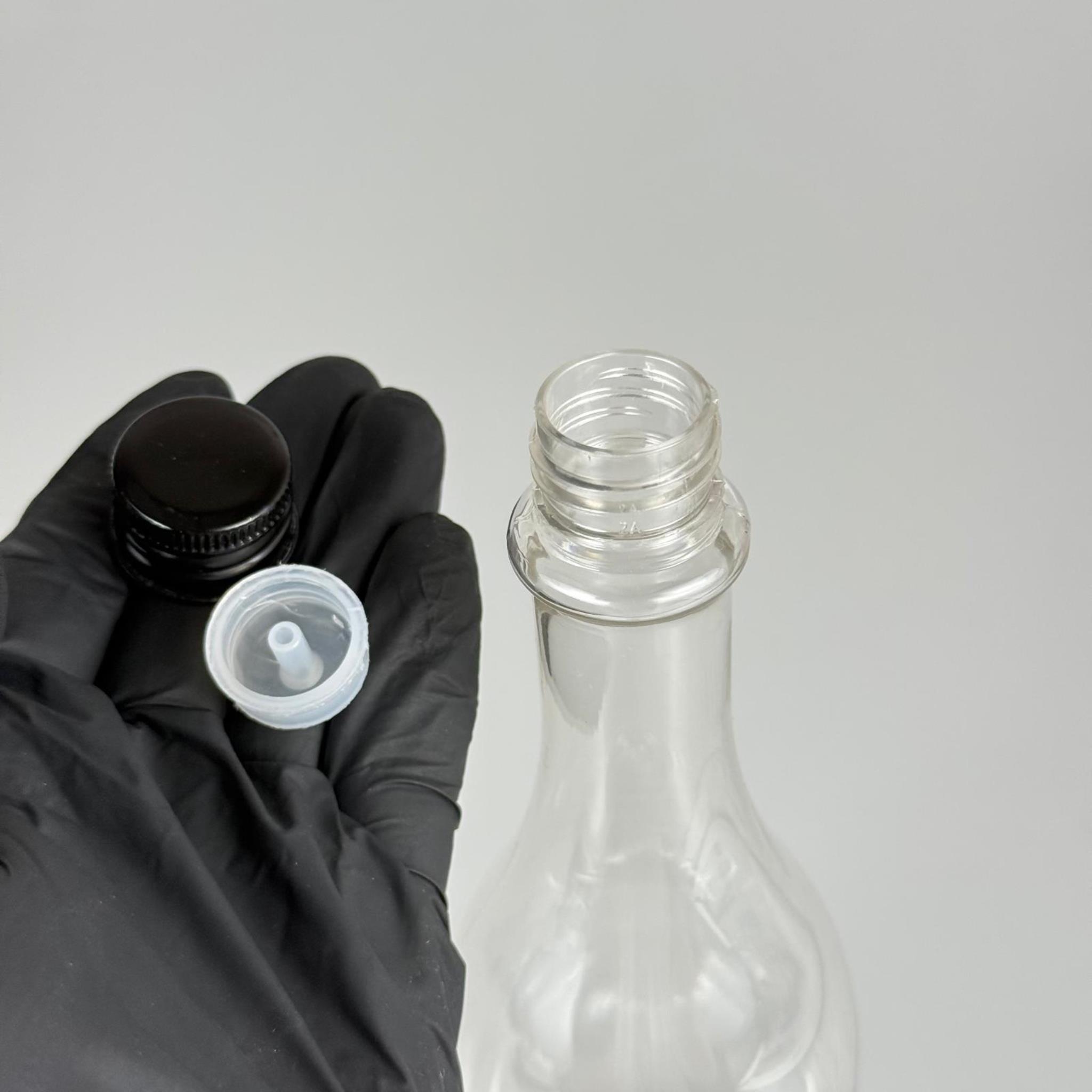 400 CC ŞEFFAF ELİT MODEL PET ŞİŞE (24 AĞIZ) + KÖPÜK CONTALI SİYAH METAL ALÜMİNYUM KAPAK + KOLONYA TIPASI TAKIM - 400 ML KAPAKLI PLASTİK ŞİŞELER