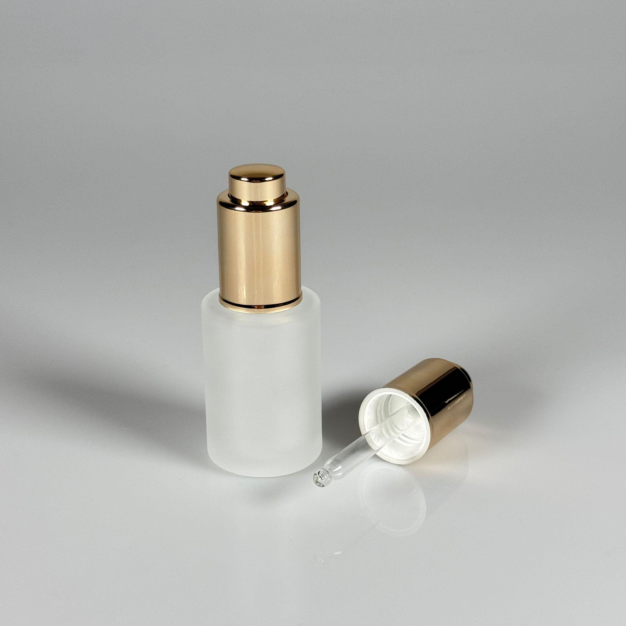 30 CC OMUZLU BUZLU CAM ŞİŞE - LÜX GOLD BASMALI CAM DAMLALIKLI TAKIM (DAMLALIĞIN İÇİNDE SIZDIRMAZ CONTA MEVCUTTUR) - 30 ML KÜT BOYUNLU CAM SERUM ŞİŞESİ