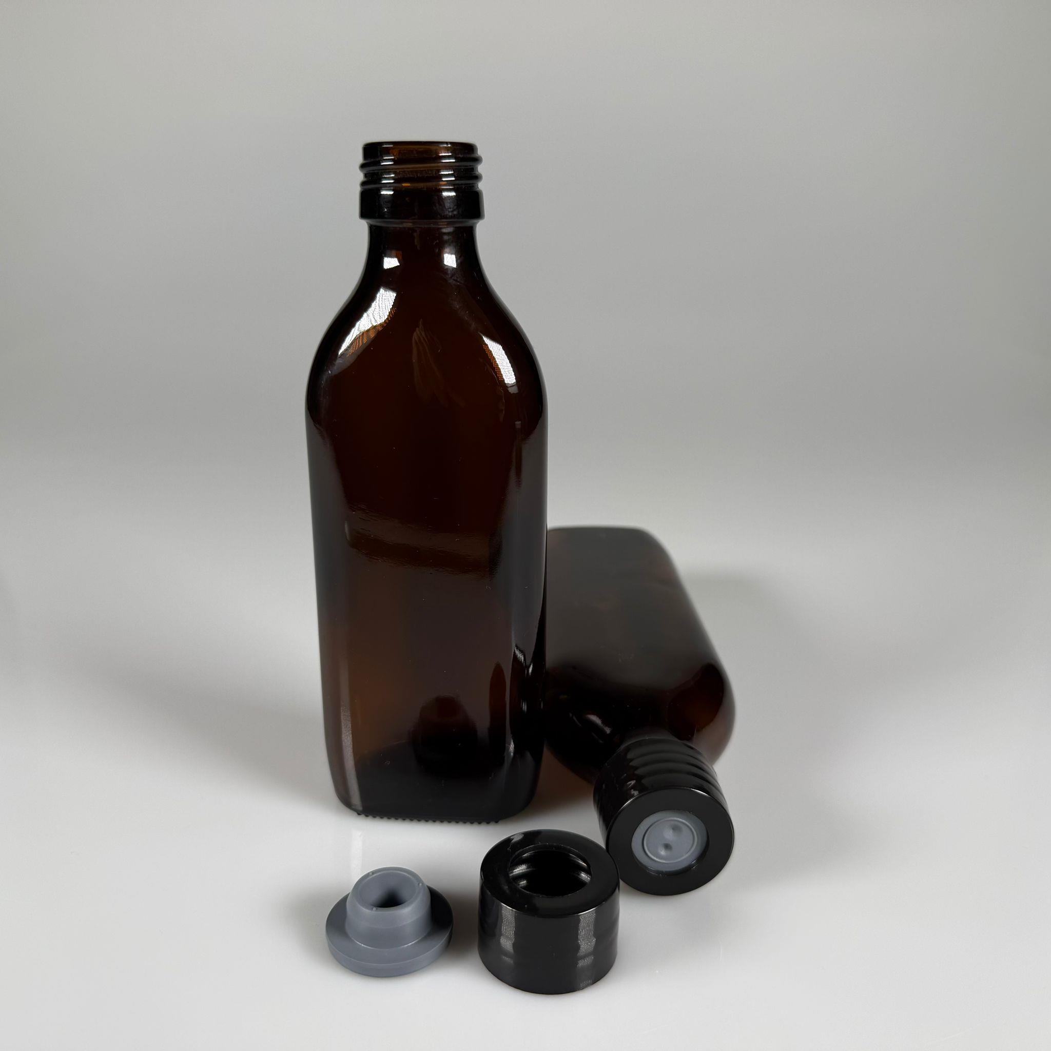 FLAKON ENJEKTÖR SERUM ŞİŞESİ - 150 ML YASSI ECZA CAM ŞİŞE + VİDALI DELİKLİ KAPAK (ELLE ÇEVİREREK KAPANIR) + KAUÇUK BUTİL TIPA TAKIM