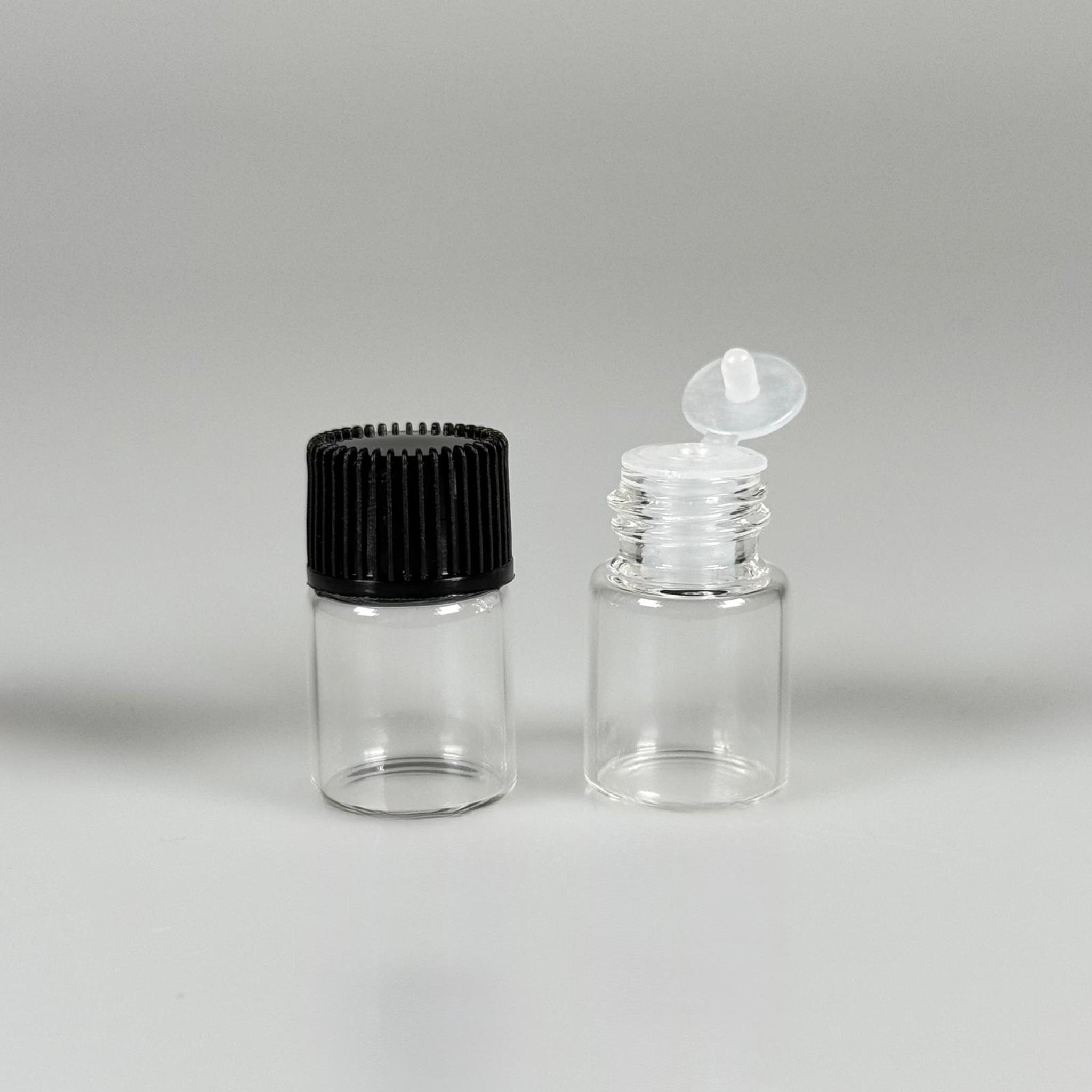 2 CC ŞEFFAF İNCE CAM ŞİŞE - SİYAH KAPAKLI + İÇTEN DAMLALIKLI - 2 ML CAM ŞİŞE