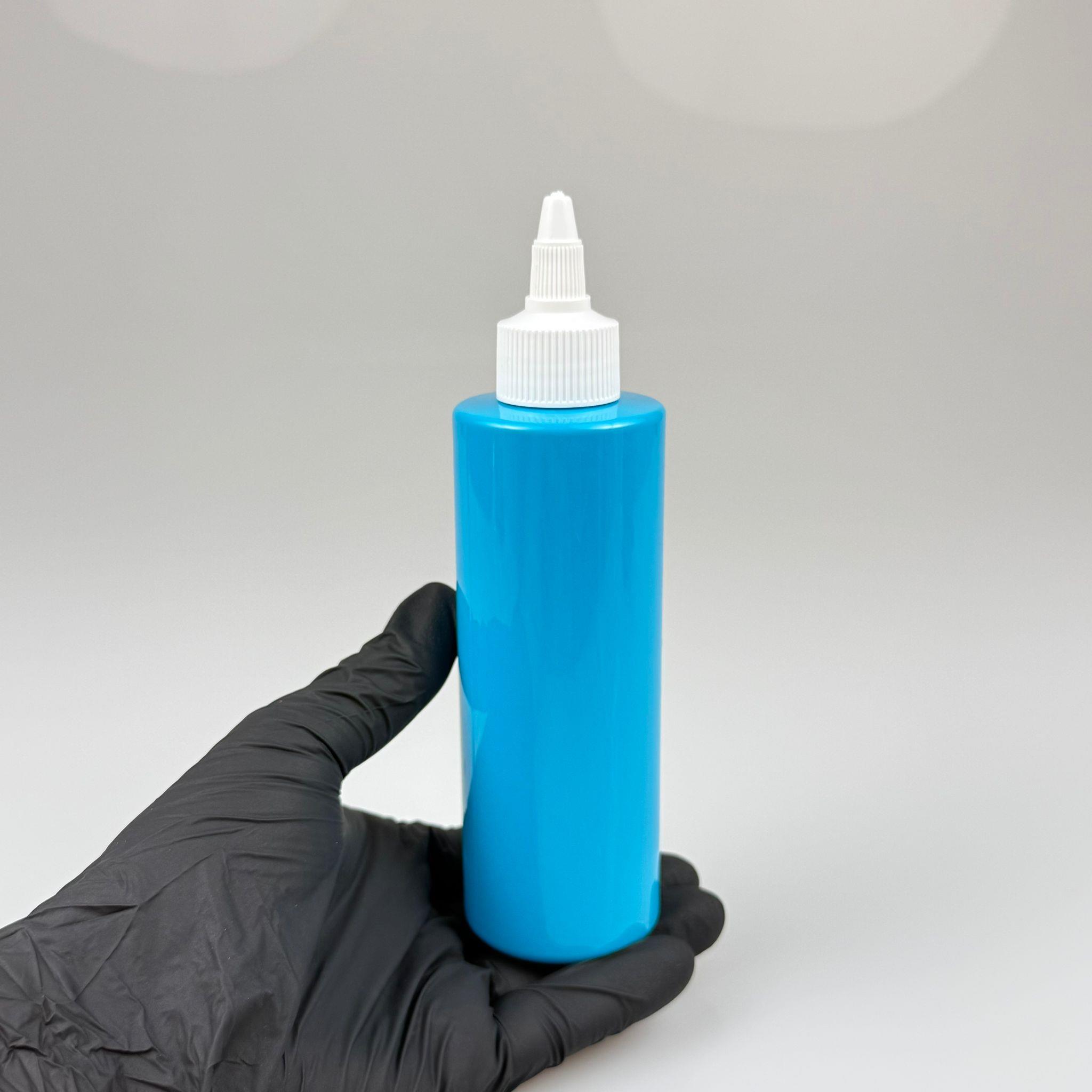 YAĞ, SOS, ACI SOS, SİRKE, SRIRACHA, MÜREKKEP, TUTKAL AKITICI VB BOŞ ŞİŞELERİ - BEYAZ SİVRİ TWİST AKITICI KAPAK + 200 ML MAVİ KÜT SERT PET PLASTİK ŞİŞE TAKIM