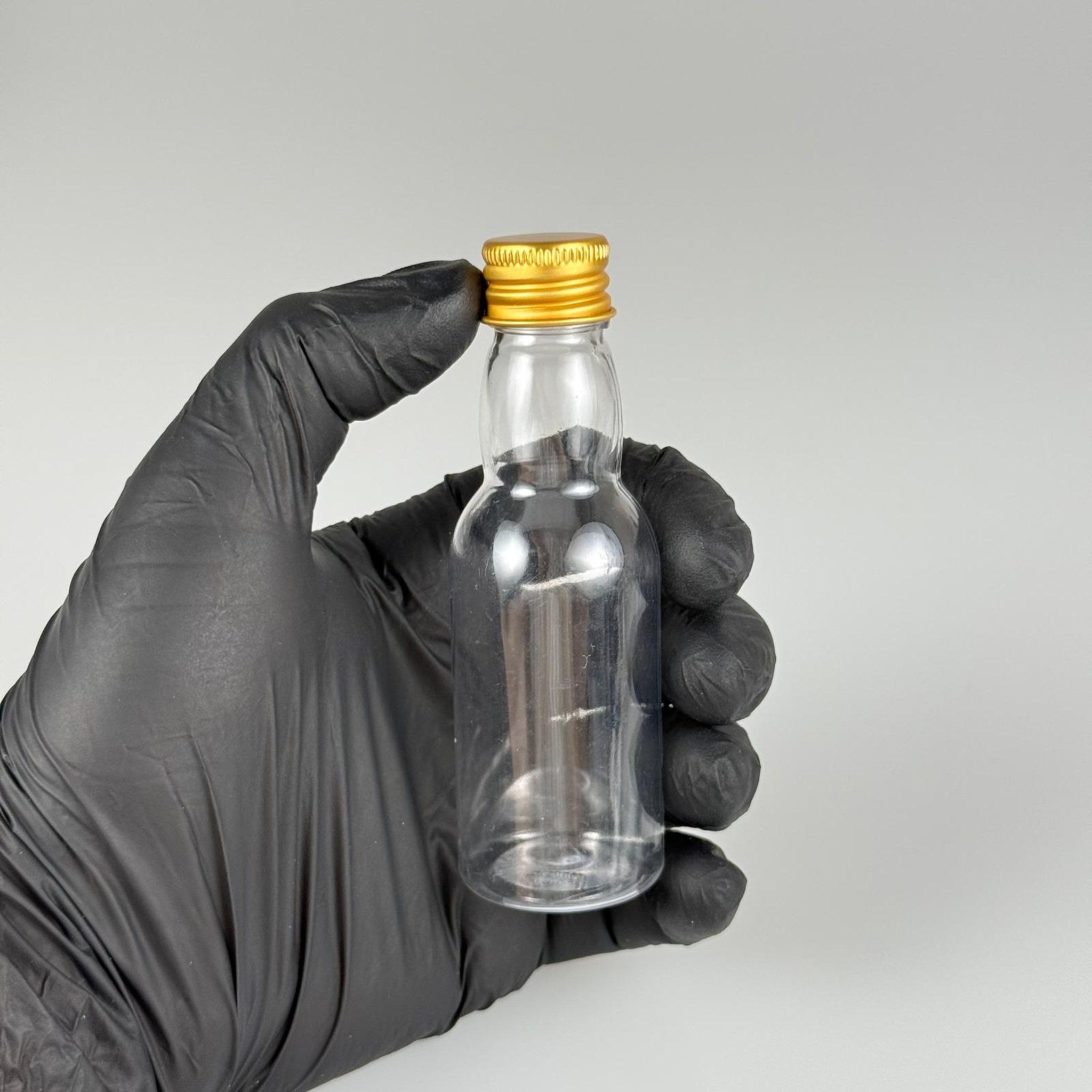 40 CC ŞEFFAF UZUN BOĞAZLI PET ŞİŞE + KÖPÜK CONTALI GOLD ALÜMİNYUM METAL KAPAKLI + DAMLALIKLI KOLONYA TIPALI TAKIM - 40 ML BOĞAZLI PET ŞİŞE