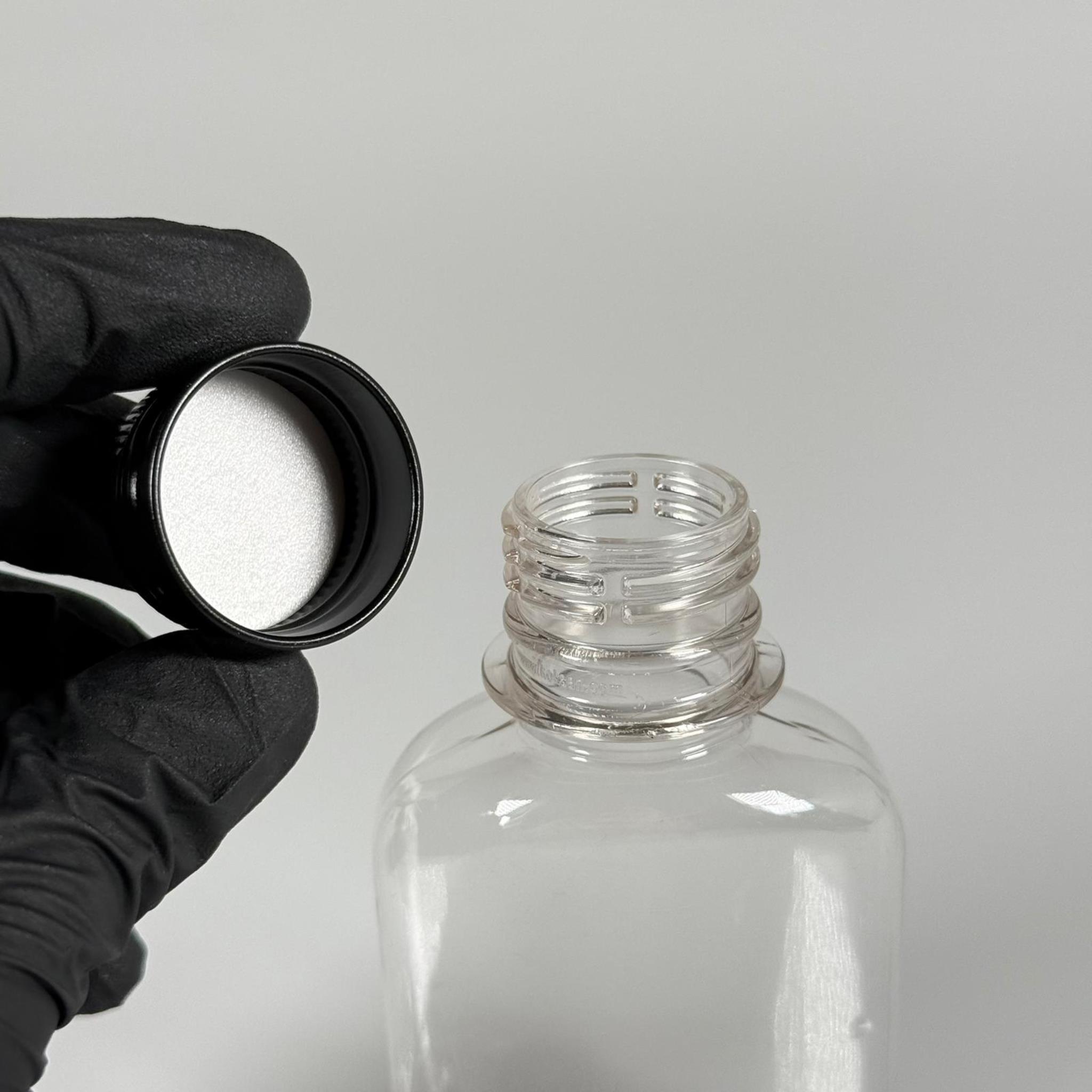 100 ML YASSI METAL KAPAKLI PET ŞİŞE - 100 CC CONTALI SİYAH ALÜMİNYUM KAPAKLI PLASTİK ŞİŞE