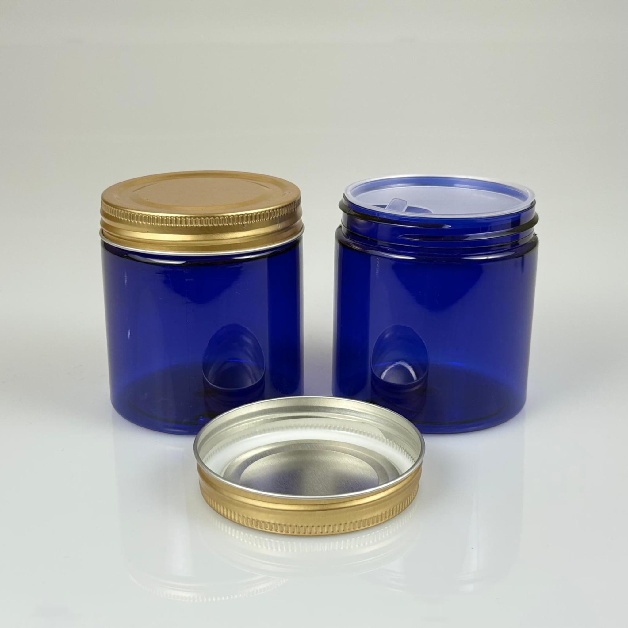 250 ML SERT PET KAVANOZ + GOLD METAL KAPAK + İÇ TIPA - 250 CC KALIN MAVİ PLASTİK KAVANOZ GOLD METAL KAPAKLI İÇ TIPALI TAKIM - KREM KAVANOZLARI