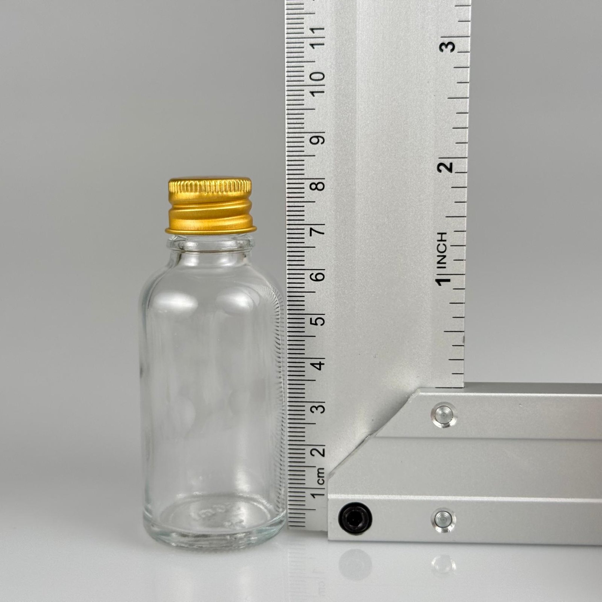 30 CC ŞEFFAF CAM ŞİŞE + KÖPÜK CONTALI GOLD ALÜMİNYUM METAL KAPAKLI + KOLONYA TIPALI TAKIM - 30 ML ŞEFFAF CAM ŞİŞE