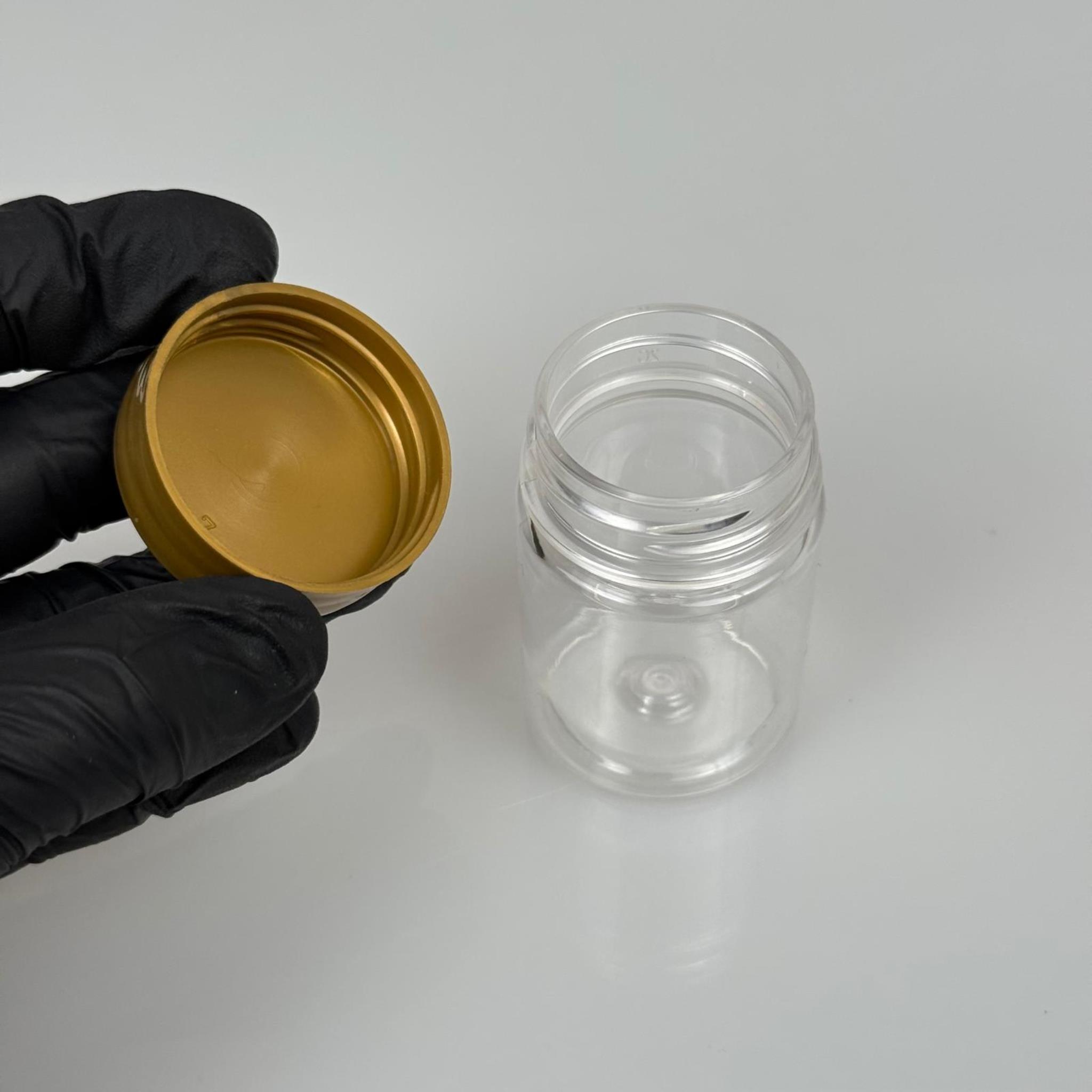 50 CC PET ŞİŞE GENİŞ AĞIZLI - GOLD KAPAKLI + KENDİNDEN YAPIŞKANLI KÖPÜK CONTALI - 50 ML PLASTİK NUMUNE KAVANOZU, MİNİ TABLET KAVANOZU
