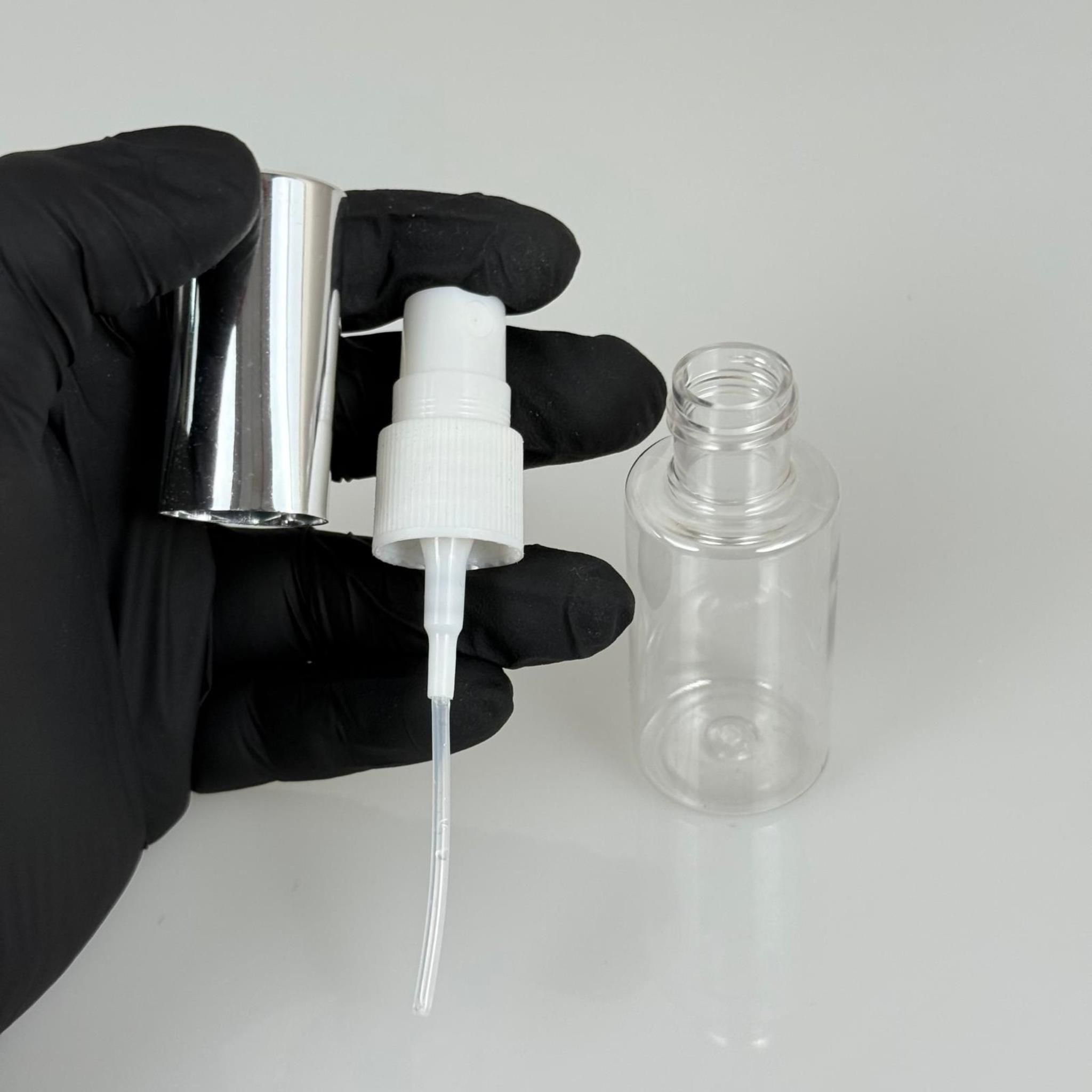 30 ML PET KOLONYA, PARFÜM VB ŞİŞELERİ - METAL ALÜMİNYUM GÜMÜŞ KAPAK + VİDALI SPREY + 30 CC ŞİŞE SET TAKIM