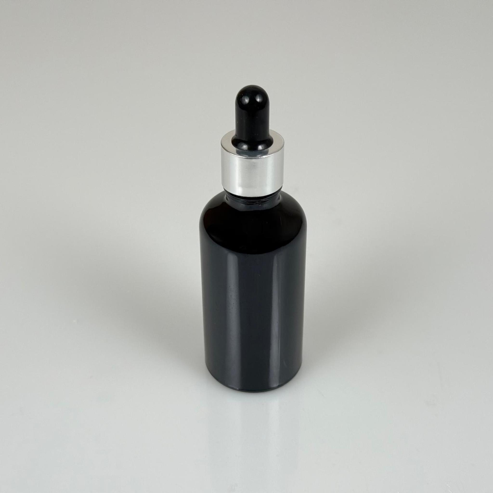 50 CC SİYAH CAM DAMLALIKLI ŞİŞE - SİYAH EMZİK - GÜMÜŞ METALİK KAPAK - 50 ML SİYAH CAM DAMLALIKLI ŞİŞE