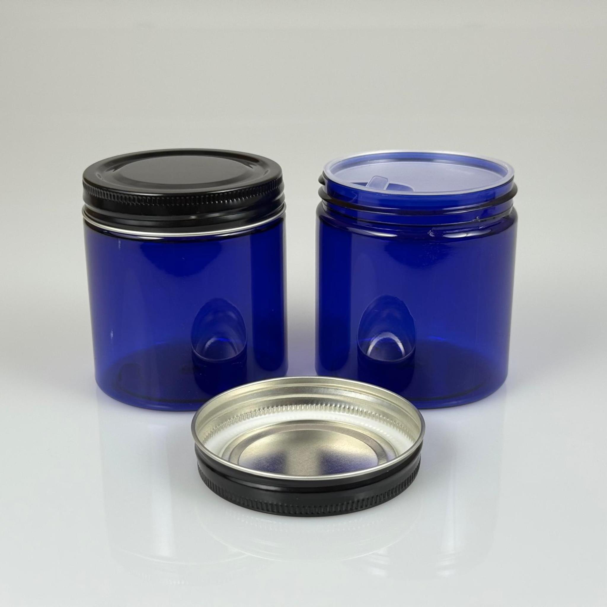 250 ML SERT PET KAVANOZ + SİYAH METAL KAPAK + İÇ TIPA - 250 CC KALIN MAVİ PLASTİK KAVANOZ SİYAH METAL KAPAKLI İÇ TIPALI TAKIM - KREM KAVANOZLARI
