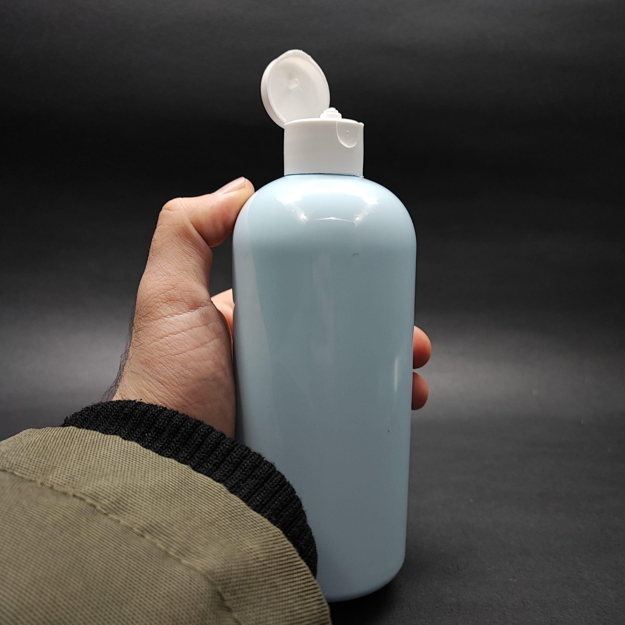 400 CC OVAL BOYUNLU SİLİNDİR PET ŞİŞE (30 GR) - BEYAZ FLİPTOP ŞAMPUAN KAPAKLI - 400 ML PLASTİK ŞİŞE - BEBEK MAVİSİ