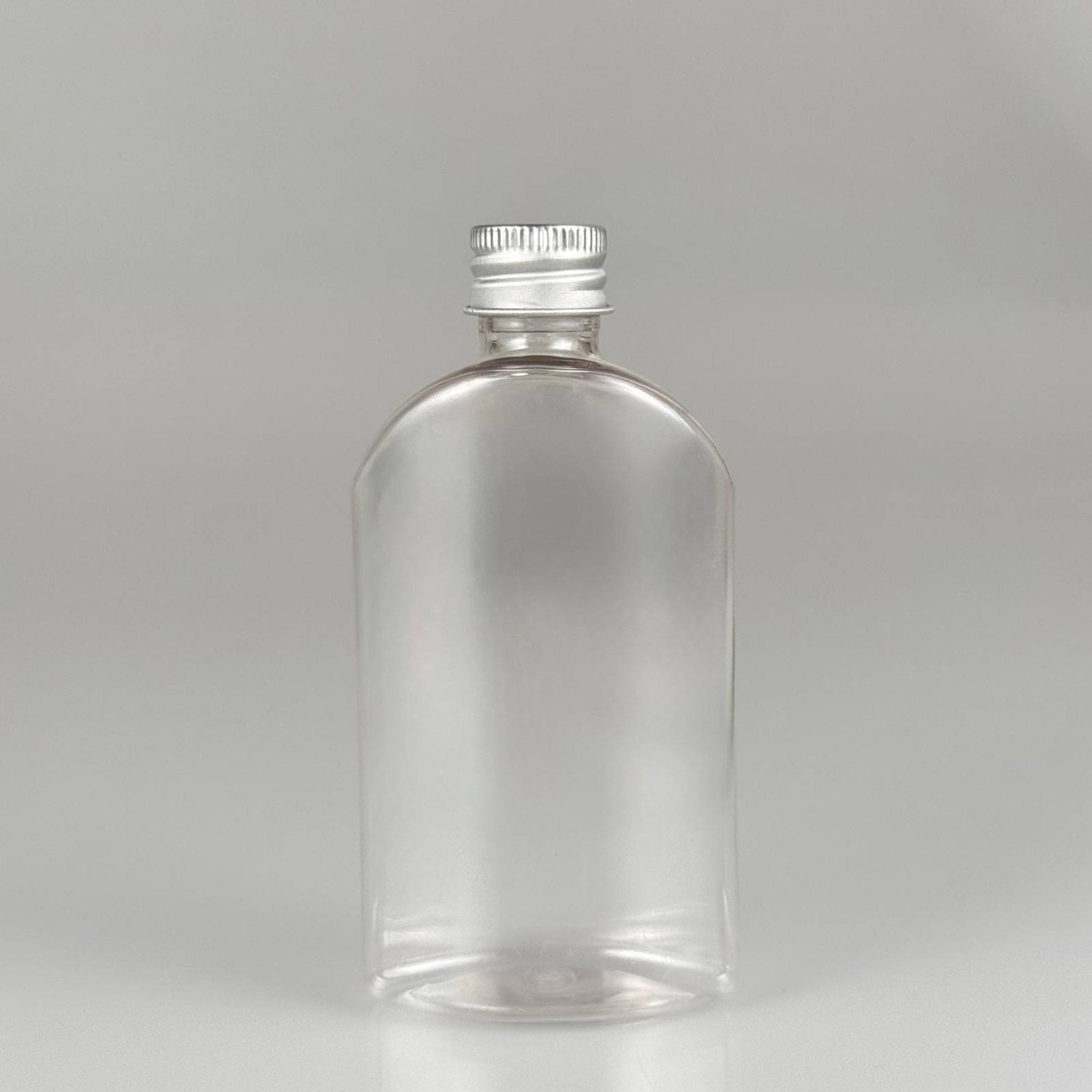 90 CC ŞEFFAF PLASTİK PET ŞİŞE + KÖPÜK CONTALI GÜMÜŞ ALÜMİNYUM METAL KAPAKLI TAKIM - 90 ML YASSI PET ŞİŞE
