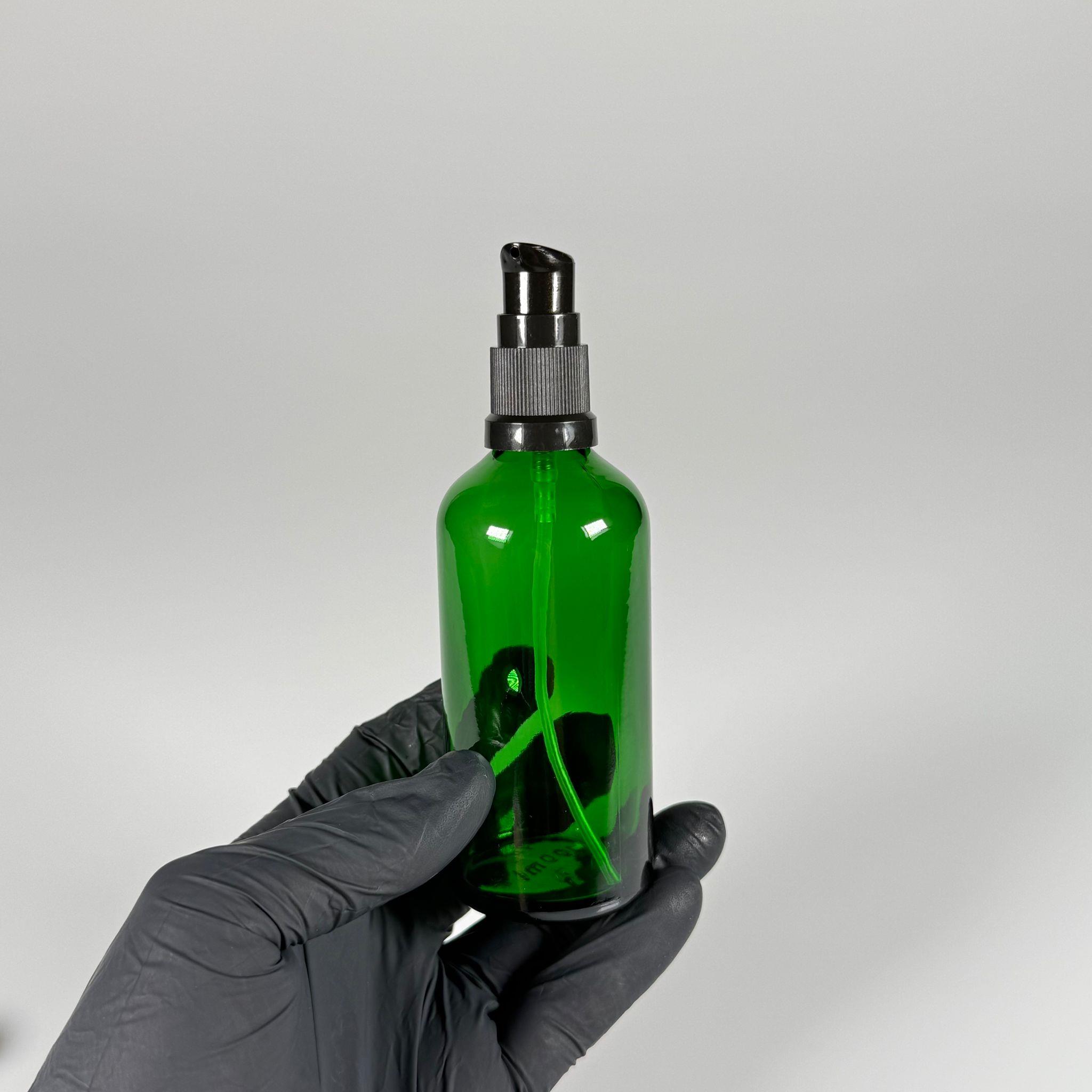 100 CC YEŞİL CAM ŞİŞE - SIZDIRMAZ ETEKLİ SİYAH LOSYON POMPALI TAKIM - 100 ML LOSYON ŞİŞESİ - YAĞ, KREM GİBİ YOĞUN KIVAMLI SIVILAR İÇİN CAM AMBALAJ