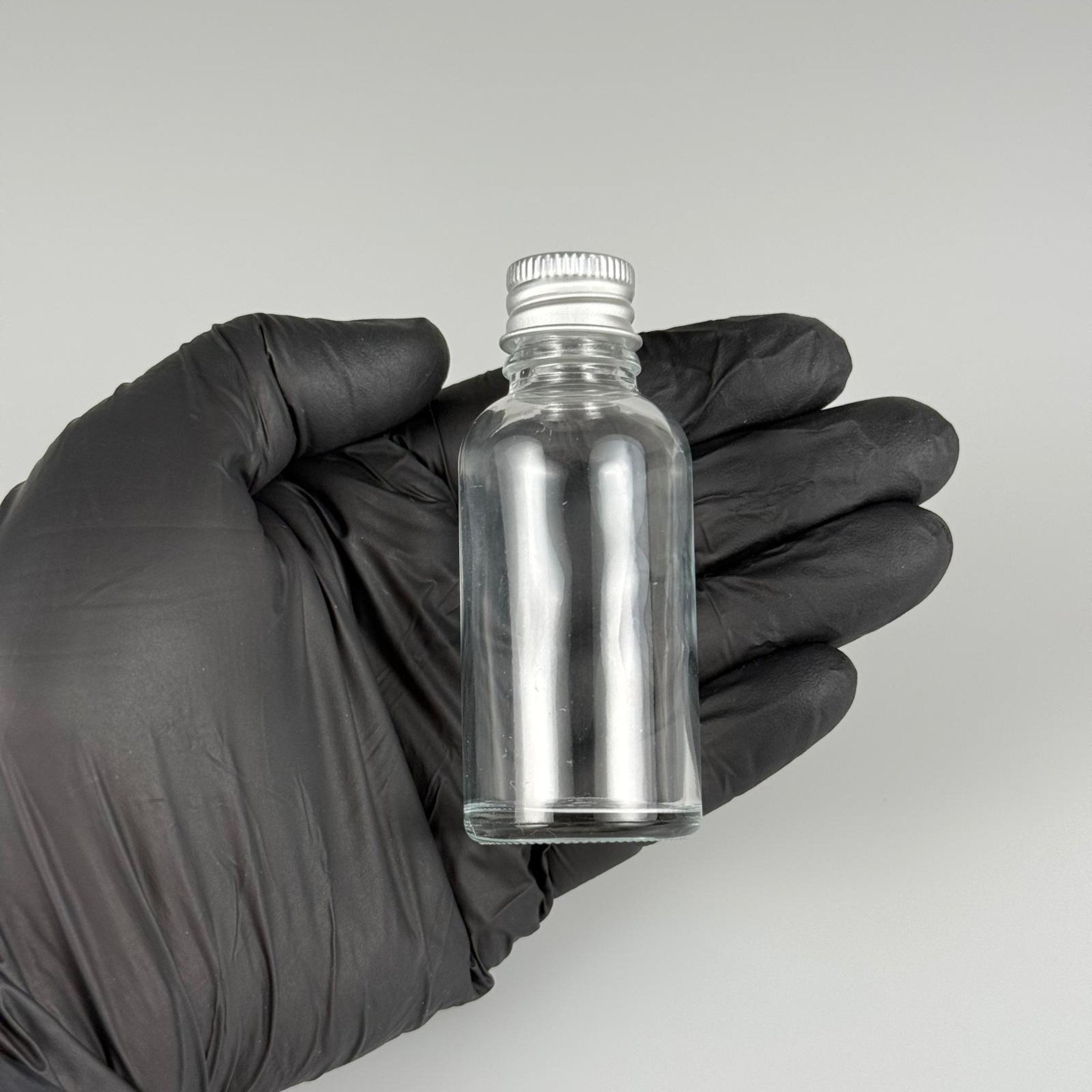 30 CC ŞEFFAF CAM ŞİŞE + KÖPÜK CONTALI GÜMÜŞ ALÜMİNYUM METAL KAPAKL + KÖR  TIPALII TAKIM - 30 ML ŞEFFAF CAM ŞİŞE