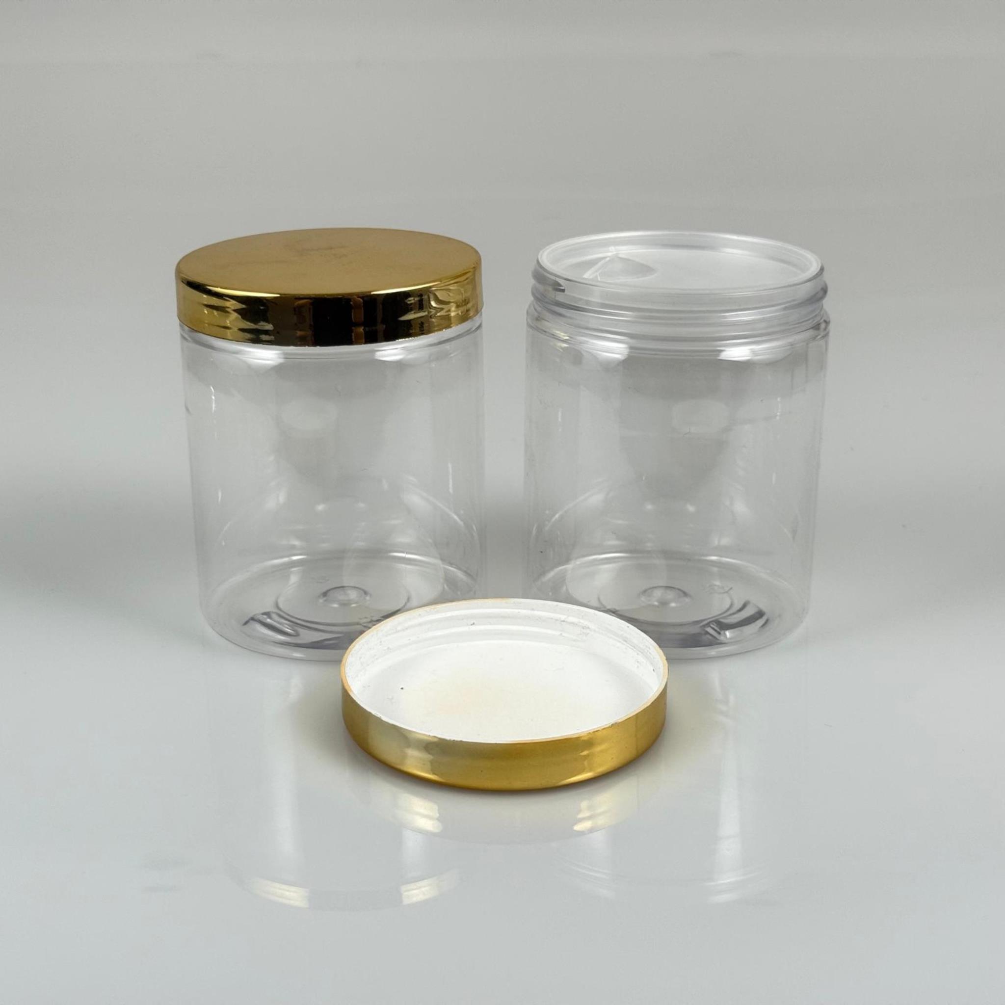 300 ML SERT PET KAVANOZ + GOLD KAPLAMA PLASTİK KAPAK + İÇ TIPA - 300 CC KALIN ŞEFFAF PLASTİK KAVANOZ GOLD KAPLAMALI PLASTİK KAPAKLI İÇ TIPALI TAKIM - KREM KAVANOZLARI