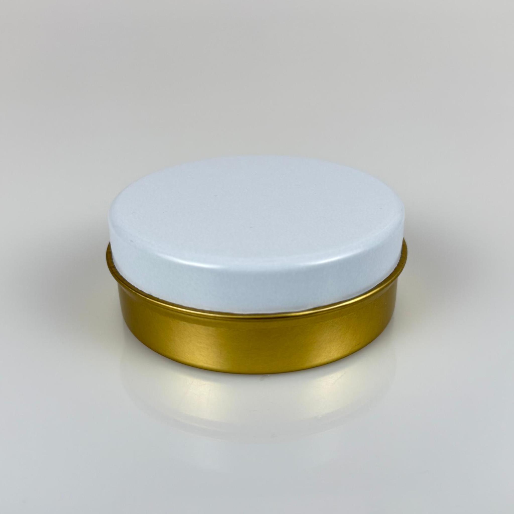 100 CC TENEKE KUTU - GOLD - BEYAZ KAPAKLI - METAL AMBALAJ - MUM TENEKESİ 77 X 28 MM