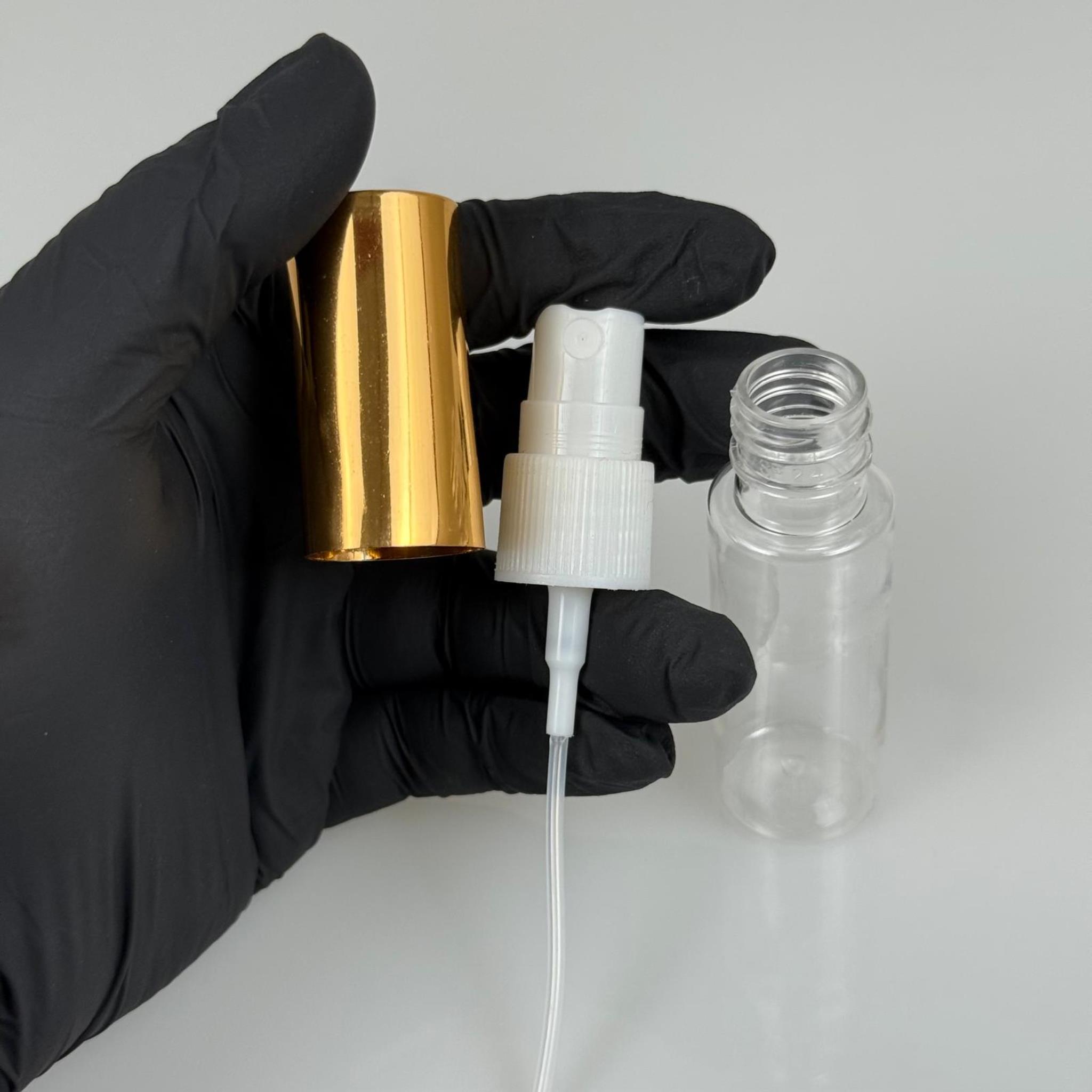 20 ML PET KOLONYA, PARFÜM VB ŞİŞELERİ - METAL ALÜMİNYUM GOLD KAPAK + VİDALI SPREY + 20 CC UZUN MODEL ŞİŞE SET TAKIM