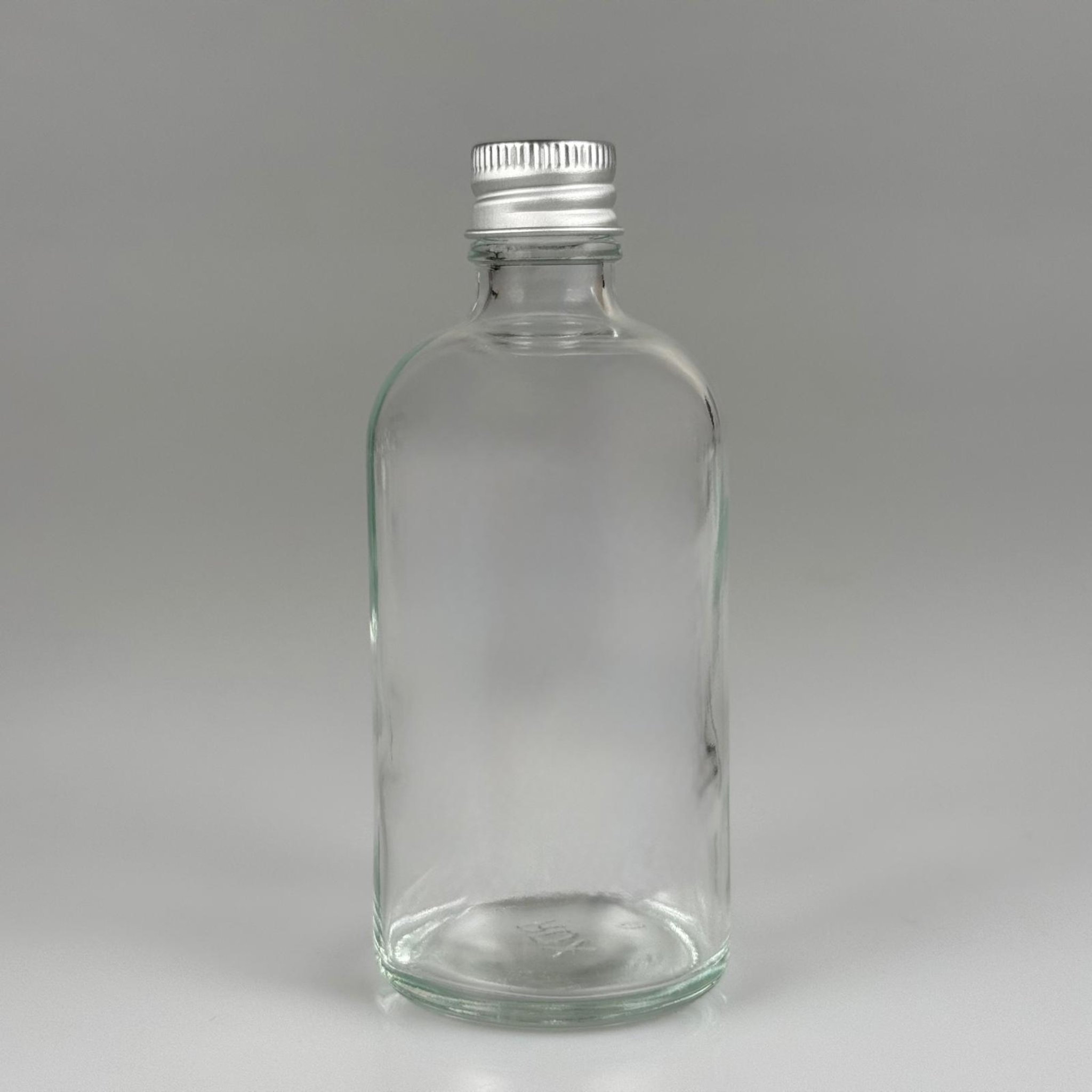 100 CC ŞEFFAF CAM ŞİŞE + KÖPÜK CONTALI GÜMÜŞ ALÜMİNYUM METAL KAPAKLI TAKIM - 100 ML ŞEFFAF CAM ŞİŞE