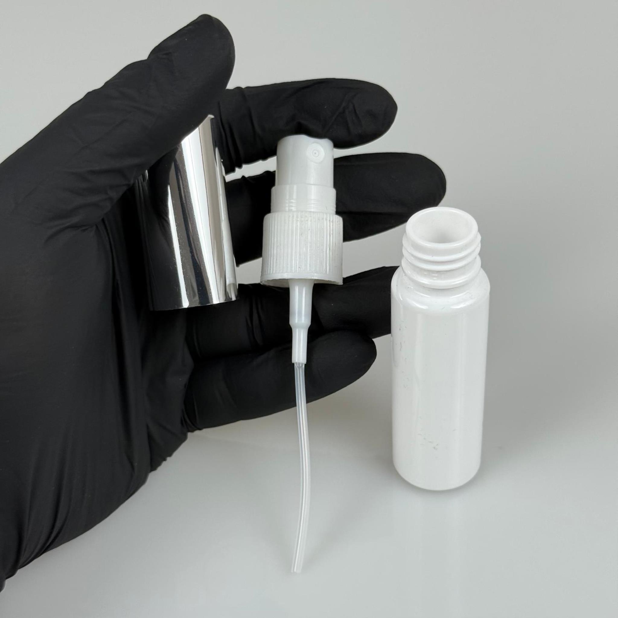20 ML PET KOLONYA, PARFÜM VB ŞİŞELERİ - METAL ALÜMİNYUM GÜMÜŞ KAPAK + VİDALI SPREY + 20 CC BEYAZ SHOT ŞİŞE SET TAKIM
