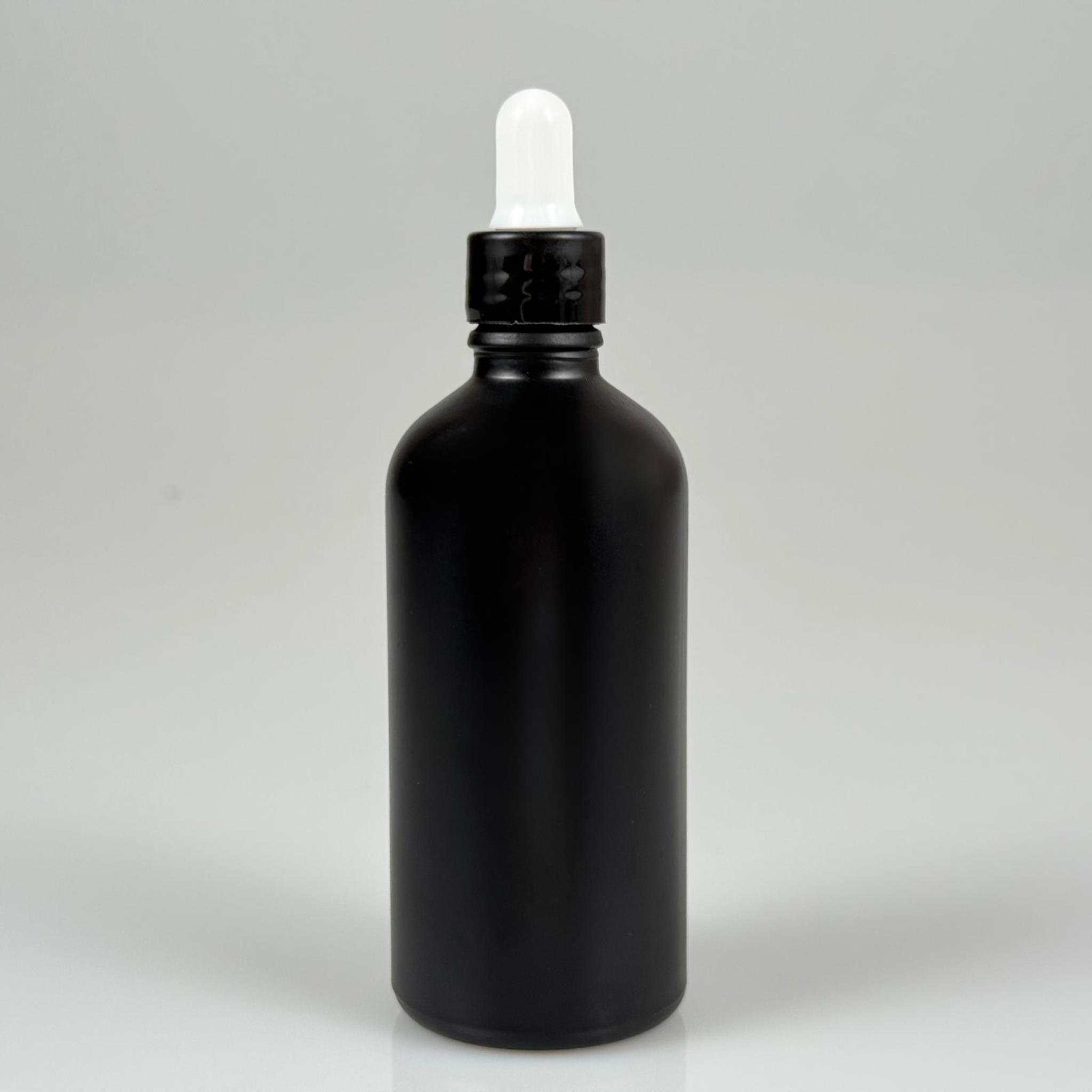 100 CC MAT SİYAH CAM DAMLALIKLI ŞİŞE - BEYAZ EMZİK + SİYAH DÜZ KAPAK + CAM PİPET TAKIM - 100 ML MAT SİYAH DAMLALIKLI ŞİŞE SETİ