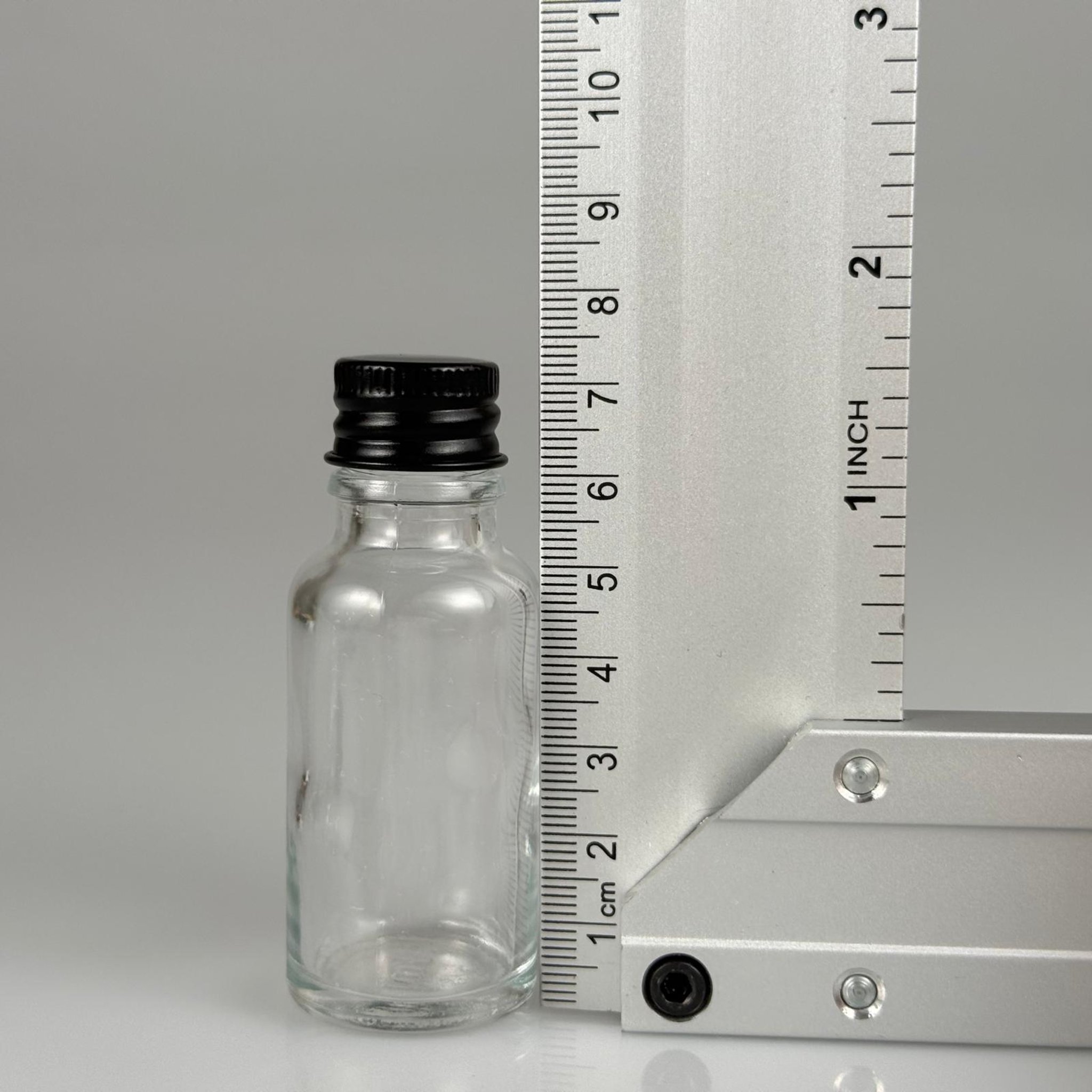 20 CC ŞEFFAF CAM ŞİŞE + KÖPÜK CONTALI SİYAH ALÜMİNYUM METAL KAPAKLI + KÖR TIPALI TAKIM - 20 ML ŞEFFAF CAM ŞİŞE