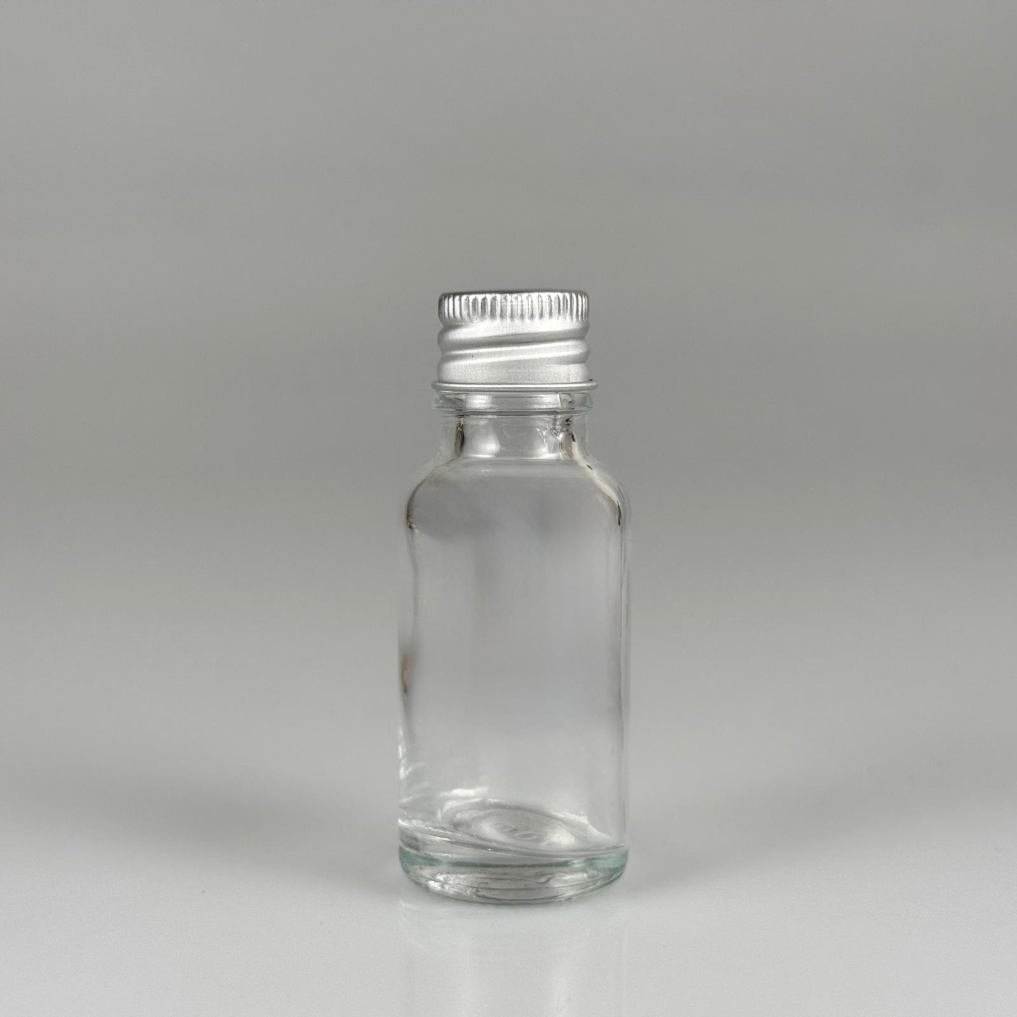 20 CC ŞEFFAF CAM ŞİŞE + KÖPÜK CONTALI GÜMÜŞ ALÜMİNYUM METAL KAPAKLI TAKIM - 20 ML ŞEFFAF CAM ŞİŞE