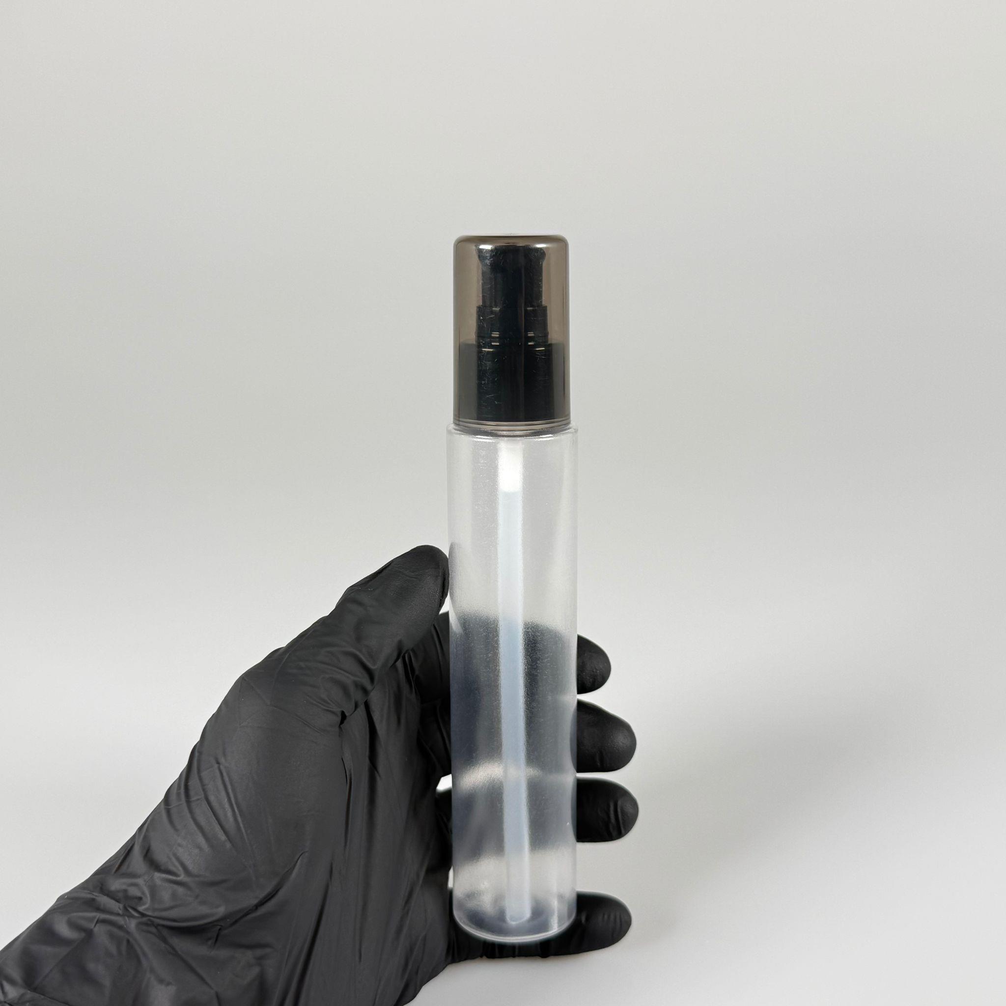 100 CC UZUN SİLİNDİR BUĞULU PET ŞİŞE (24 GR)  - SİYAH LOSYON POMPALI - 100 ML BİBERİYE SUYU, LAVANTA YAĞI, SAÇ SERUM, TONİK VB İÇİN PLASTİK KOZMETİK AMBALAJLARI