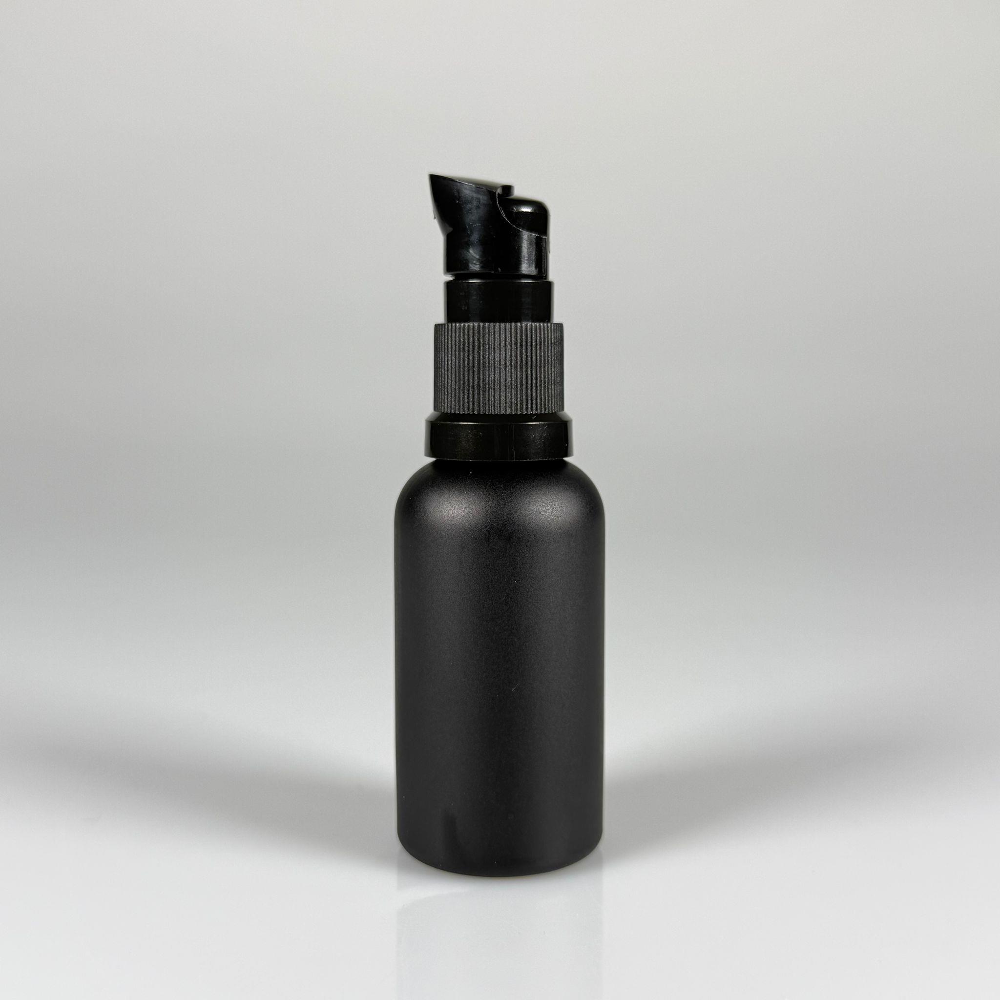 30 CC MAT SİYAH CAM ŞİŞE - SIZDIRMAZ ETEKLİ SİYAH LOSYON POMPALI TAKIM - 50 ML LOSYON ŞİŞESİ - YAĞ, KREM GİBİ YOĞUN KIVAMLI SIVILAR İÇİN CAM AMBALAJ