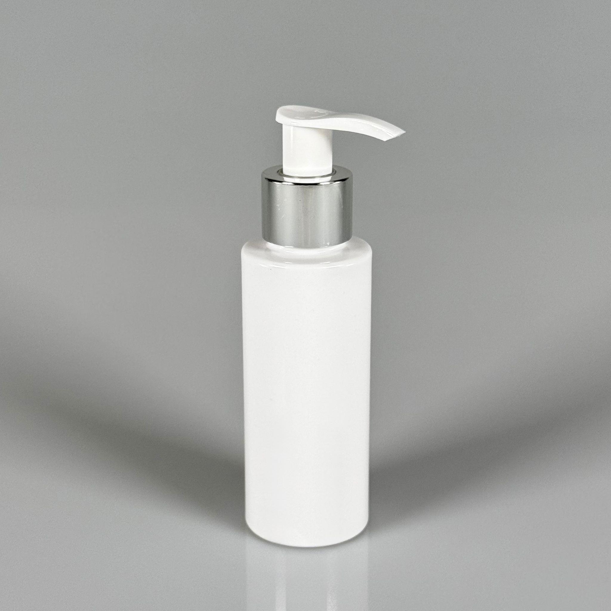 100 CC SİLİNDİR KESKİN KÜT MODEL SERT (17 GR) PET ŞİŞE - GÜMÜŞ SIVI SABUN POMPALI - JEL, PEELING, SERUM, GÜNEŞ KREMİ GİBİ YOĞUN KIVAMLI SIVILAR İÇİN- AĞIZ ÇAPI 24 MM - BEYAZ