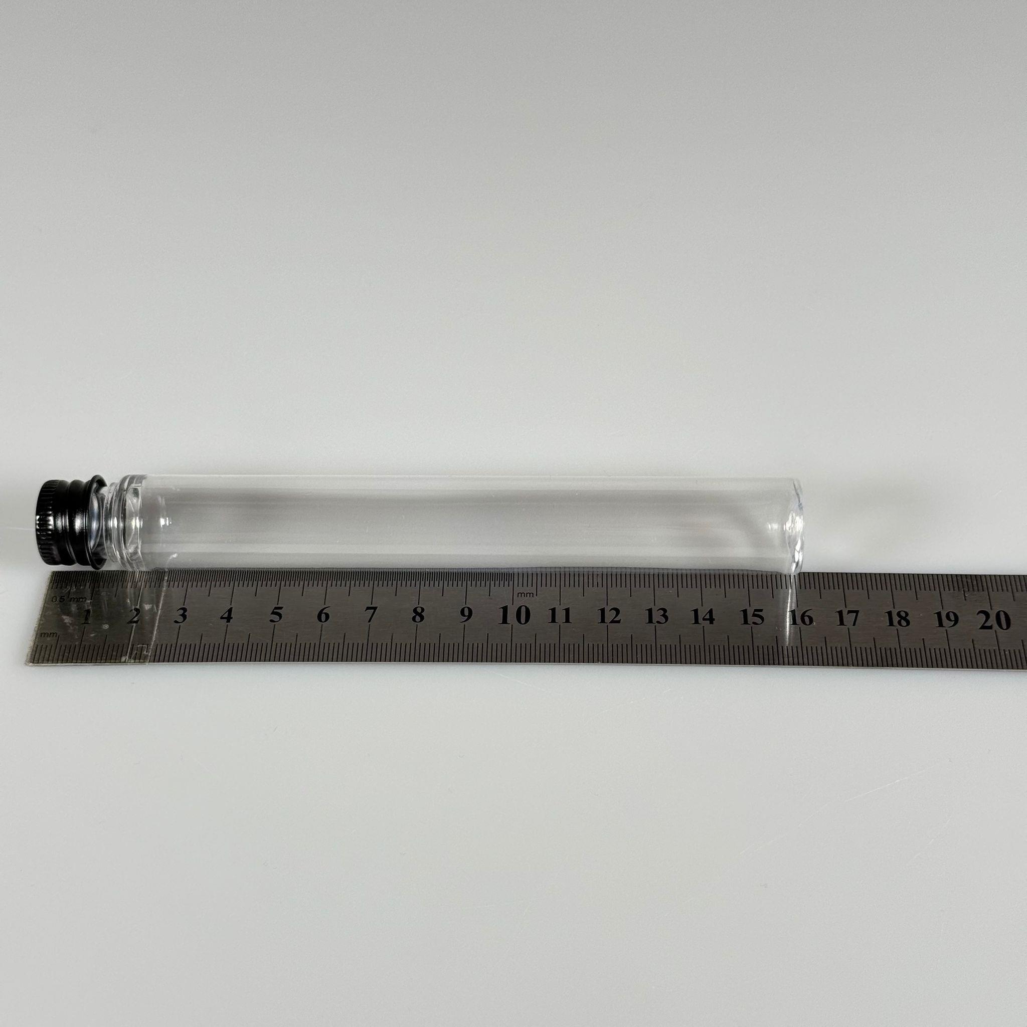 16 CM TÜP - 45 CC UZUN İNCE PET ŞİŞE - CONTALI SİYAH METAL KAPAKLI  - VANİLYA ÇUBUĞU, BAHARAT, DENEY TÜPÜ VB İÇİN PLASTİK TÜP