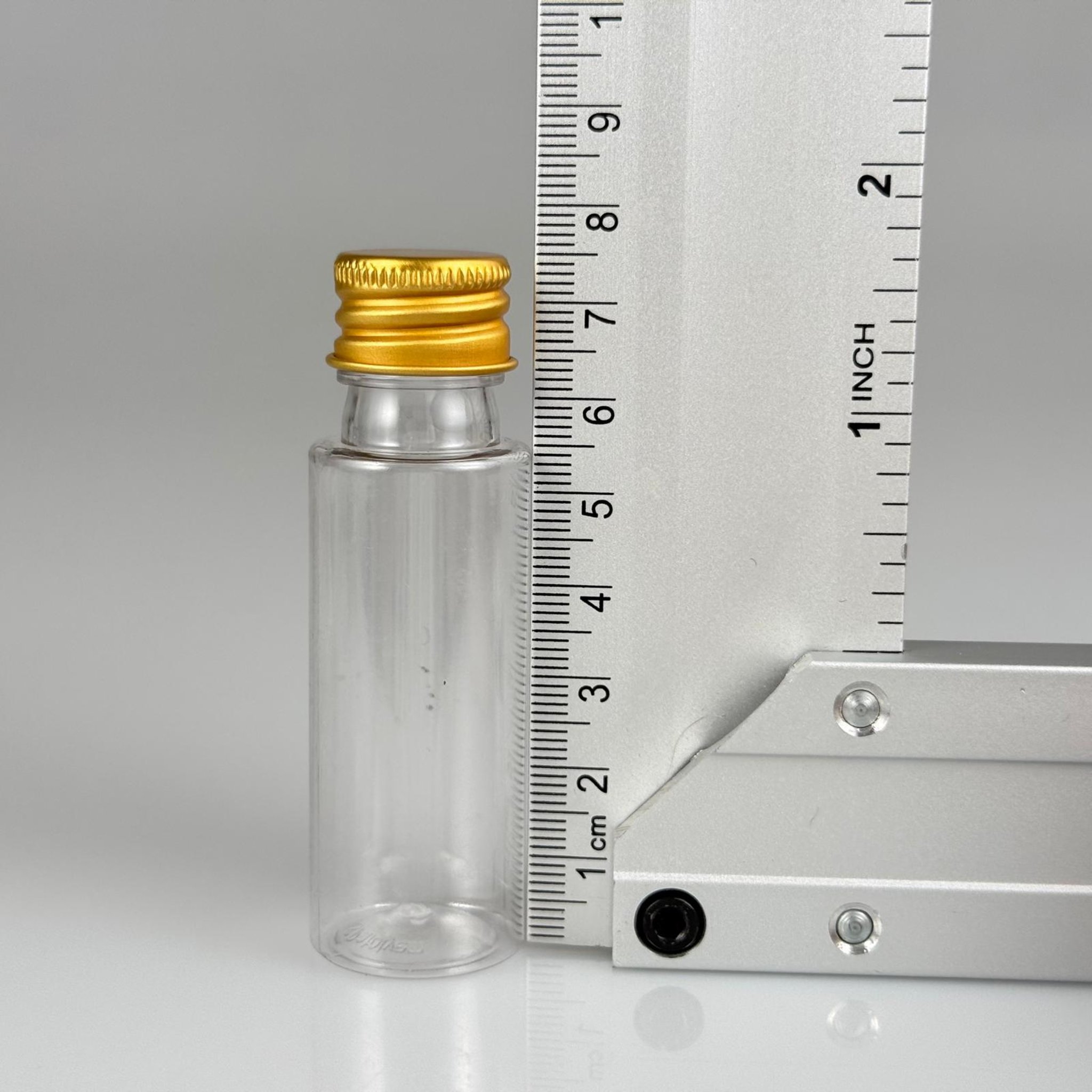 20 CC ŞEFFAF PET ŞİŞE + KÖPÜK CONTALI GOLD ALÜMİNYUM METAL KAPAKLI + KÖR TIPALI TAKIM - 20 ML PLASTİK ŞİŞE