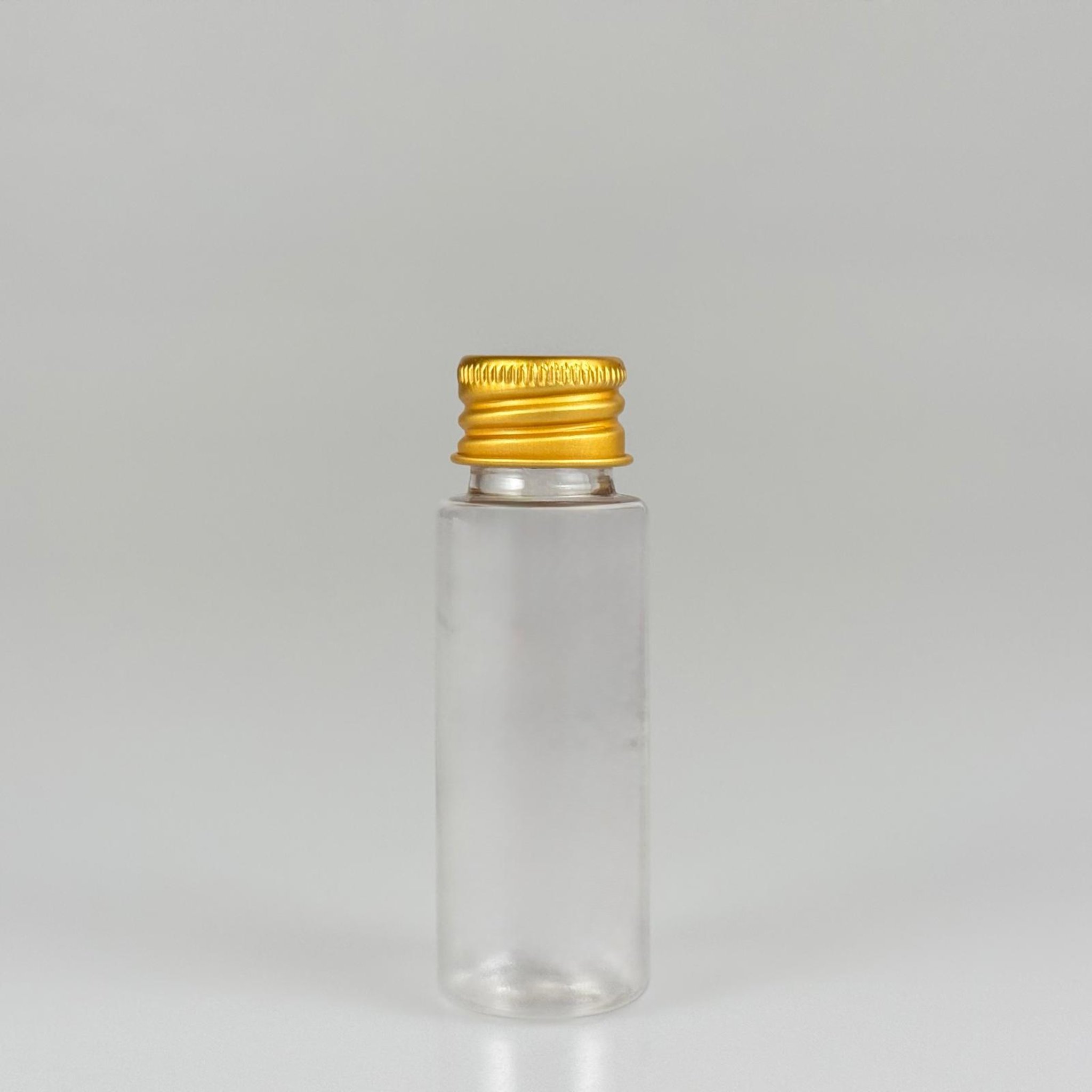 20 CC ŞEFFAF PET SHOT ŞİŞE - KÖPÜK CONTALI GOLD ALÜMİNYUM METAL KAPAKLI TAKIM - 20 ML PLASTİK ŞİŞE
