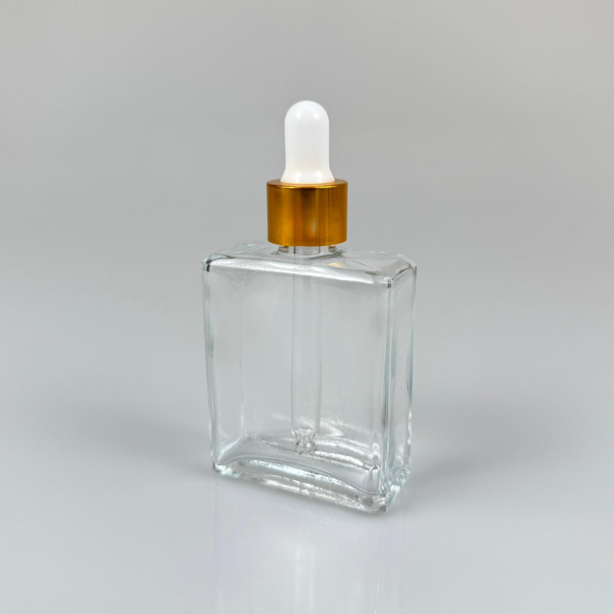 40 CC YASSI DİKDÖRTGEN KÖŞELİ KISA PRESTİJLİ CAM DAMLALIKLI ŞİŞE - BEYAZ EMZİK - GOLD METALİK KAPAK - 40 ML CAM DAMLALIKLI ŞİŞE - DAMLALIKLI BOŞ ŞİŞE