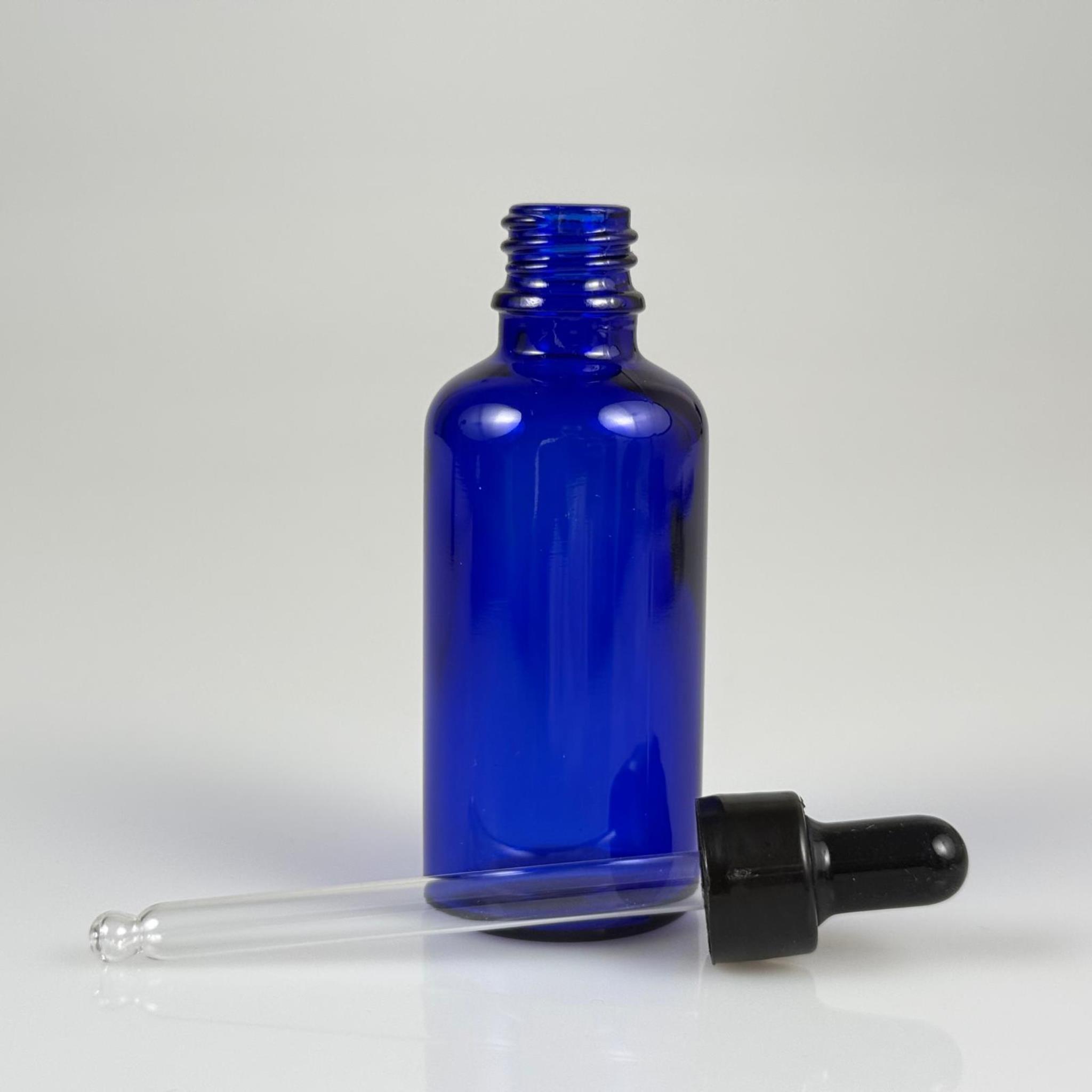 50 CC MAVİ CAM DAMLALIKLI ŞİŞE - SİYAH EMZİK + SİYAH DÜZ KAPAK + CAM PİPET TAKIM - 50 ML DAMLALIKLI ŞİŞE SETİ
