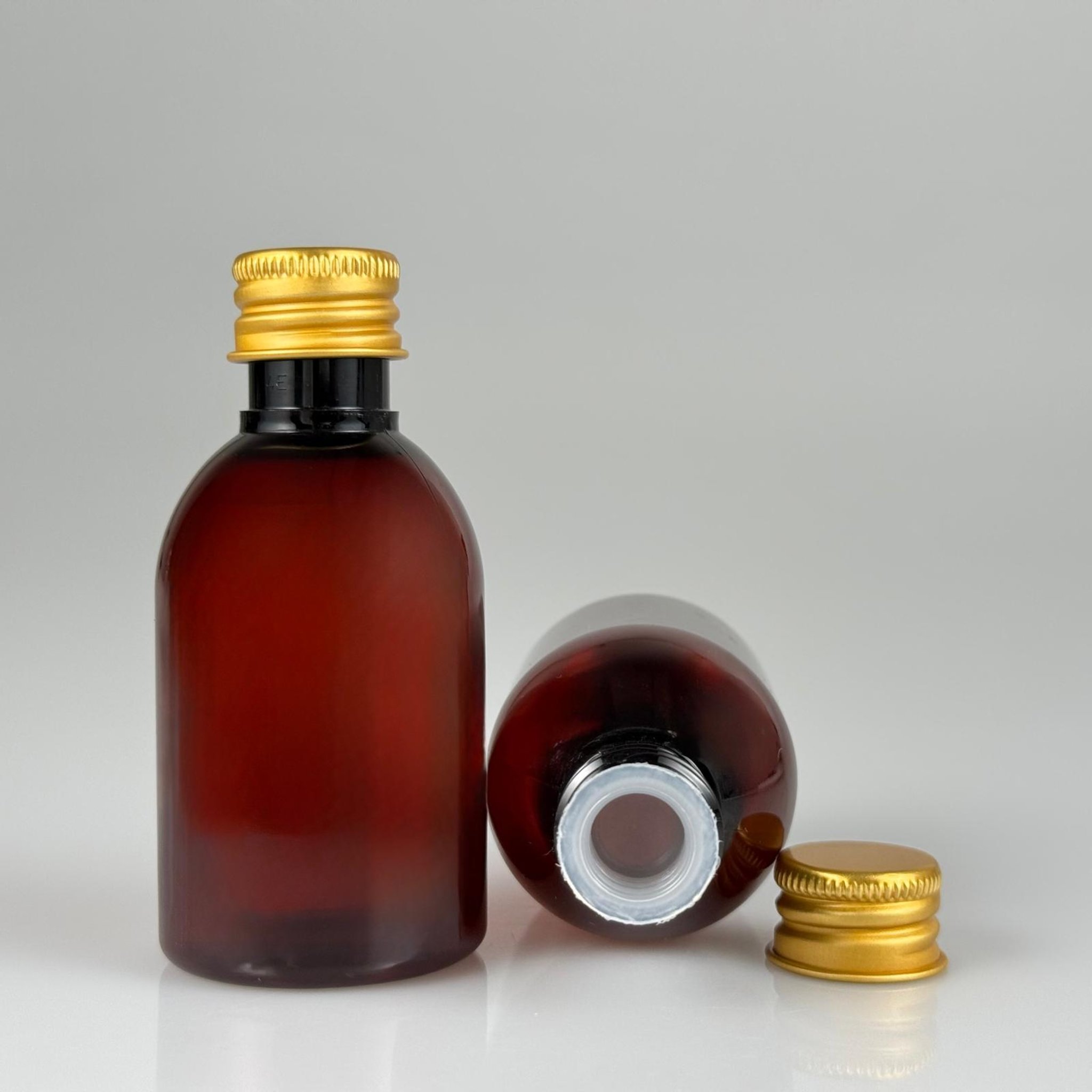 50  CC AMBER PET ŞİŞE + KÖPÜK CONTALI GOLD ALÜMİNYUM METAL KAPAKLI + KÖR TIPALI TAKIM - 50 ML KAHVERENGİ PLASTİK ŞİŞE