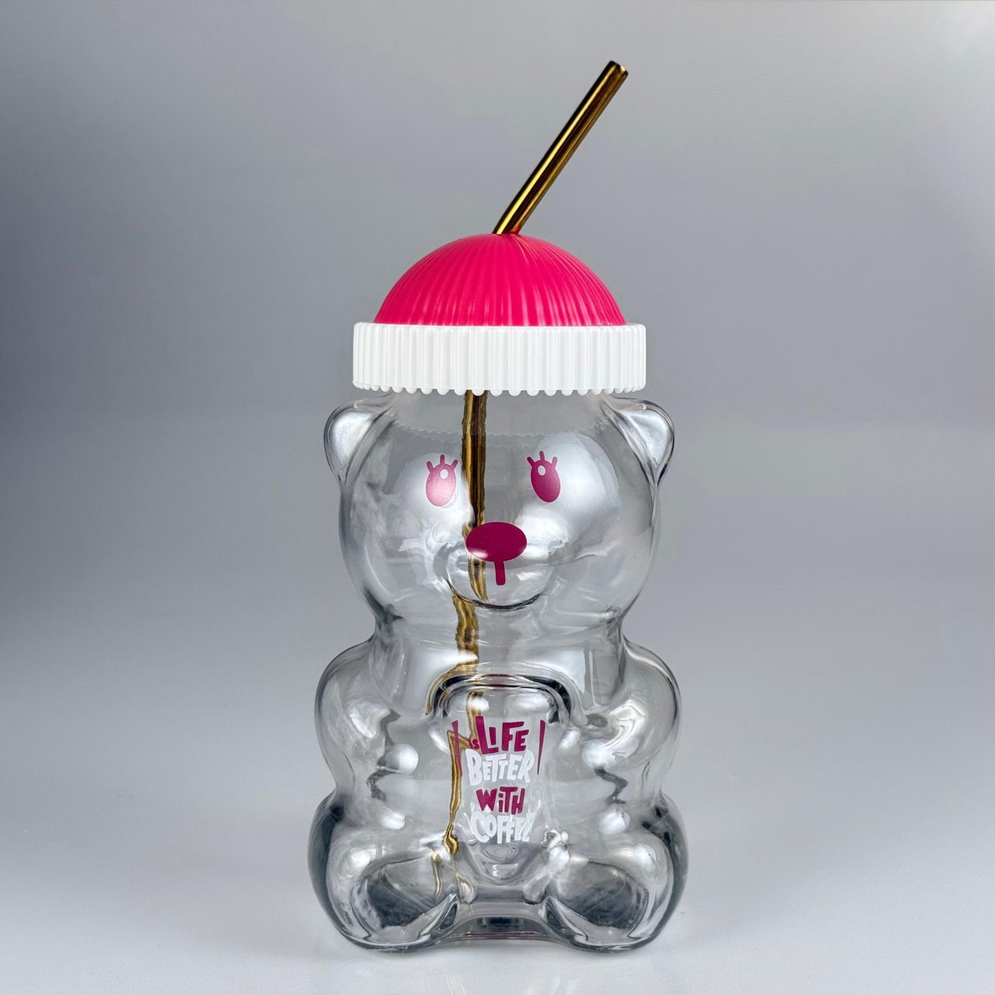 500 CC PİPETLİ CAM AYICIK BARDAK - PEMBE KAPAKLI + FIRÇALI PASLANMAZ ÇELİK GOLD PİPETLİ TAKIM - 500 ML AYICIK FİGÜRLÜ PİPETLİ CAM SU , SOĞUK KAHVE ,  MEYVE SUYU ,  MEŞRUBAT BARDAĞI VB - HEDİYELİK BARDAK