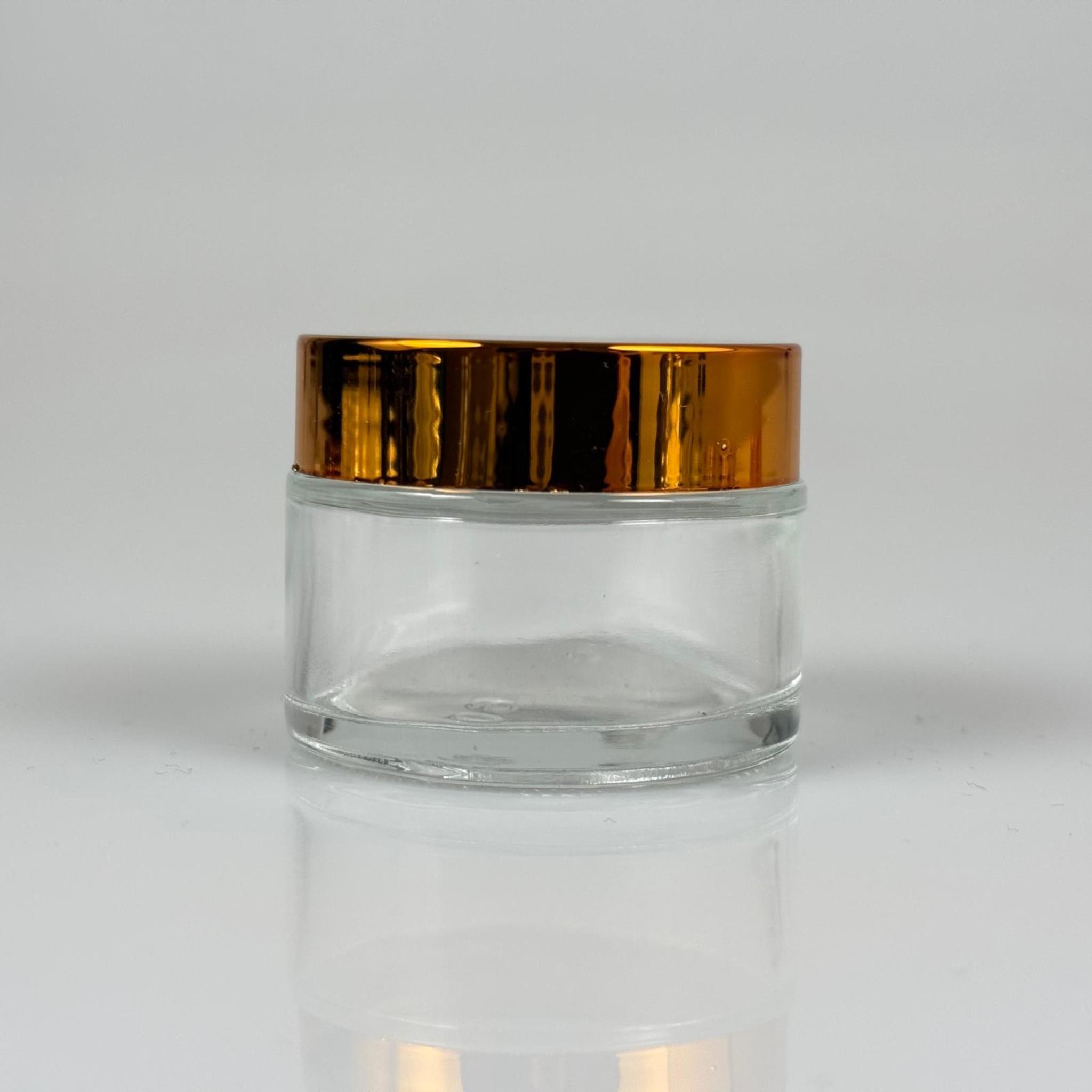 50 CC ŞEFFAF CAM KREM KAVANOZU + GOLD KAPAK + İÇ TIPA - 50 ML Kozmetik ve Bakım Ürünleri İçin Cam Kavanozları