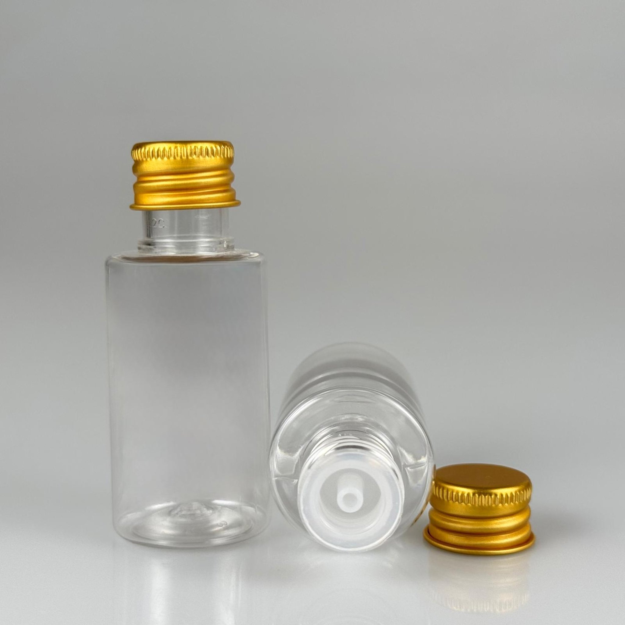 30 CC SİLİNDİR KISA MODEL PET ŞİŞE - KÖPÜK CONTALI GOLD ALÜMİNYUM METAL KAPAKLI + DAMLALIKLI KOLONYA TIPALII TAKIM - 30 ML ŞEFFAF PET ŞİŞE