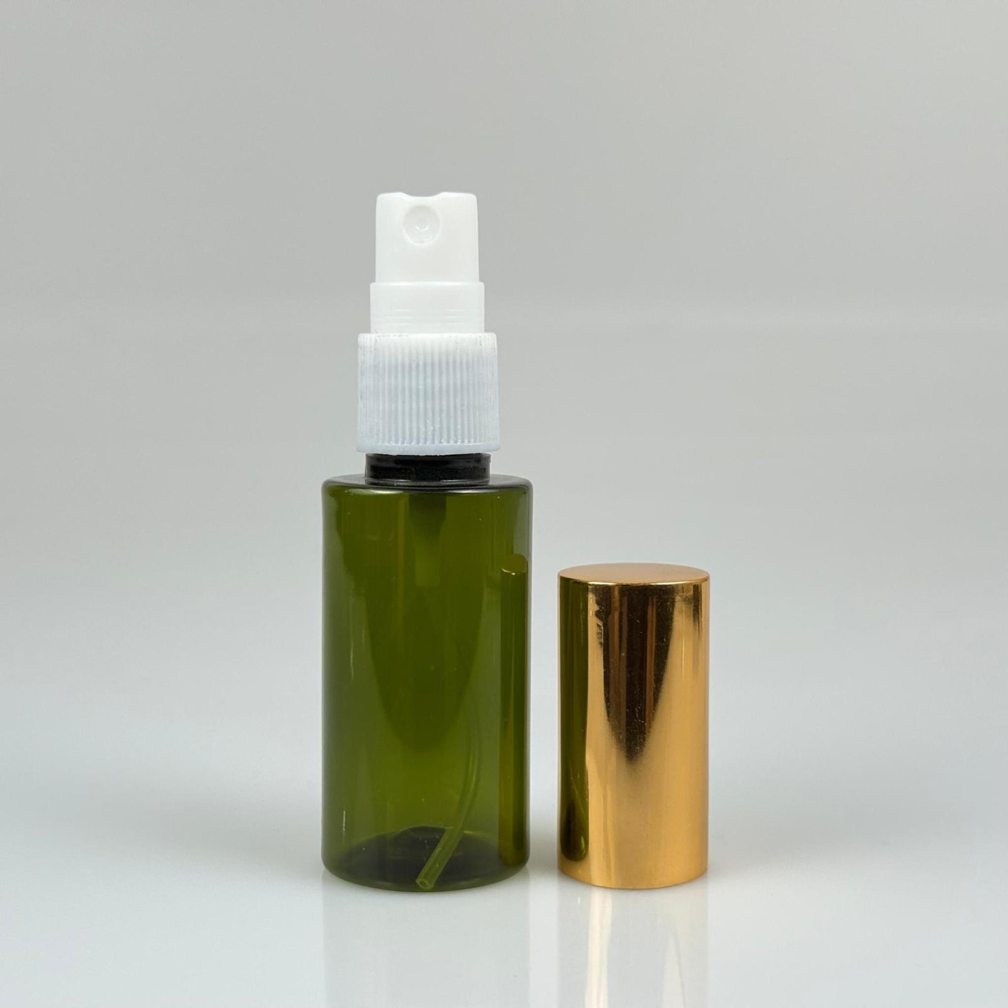35 ML PET KOLONYA, PARFÜM VB ŞİŞELERİ - METAL ALÜMİNYUM GOLD KAPAK + VİDALI SPREY + 35 CC YEŞİL ŞİŞE SET TAKIM