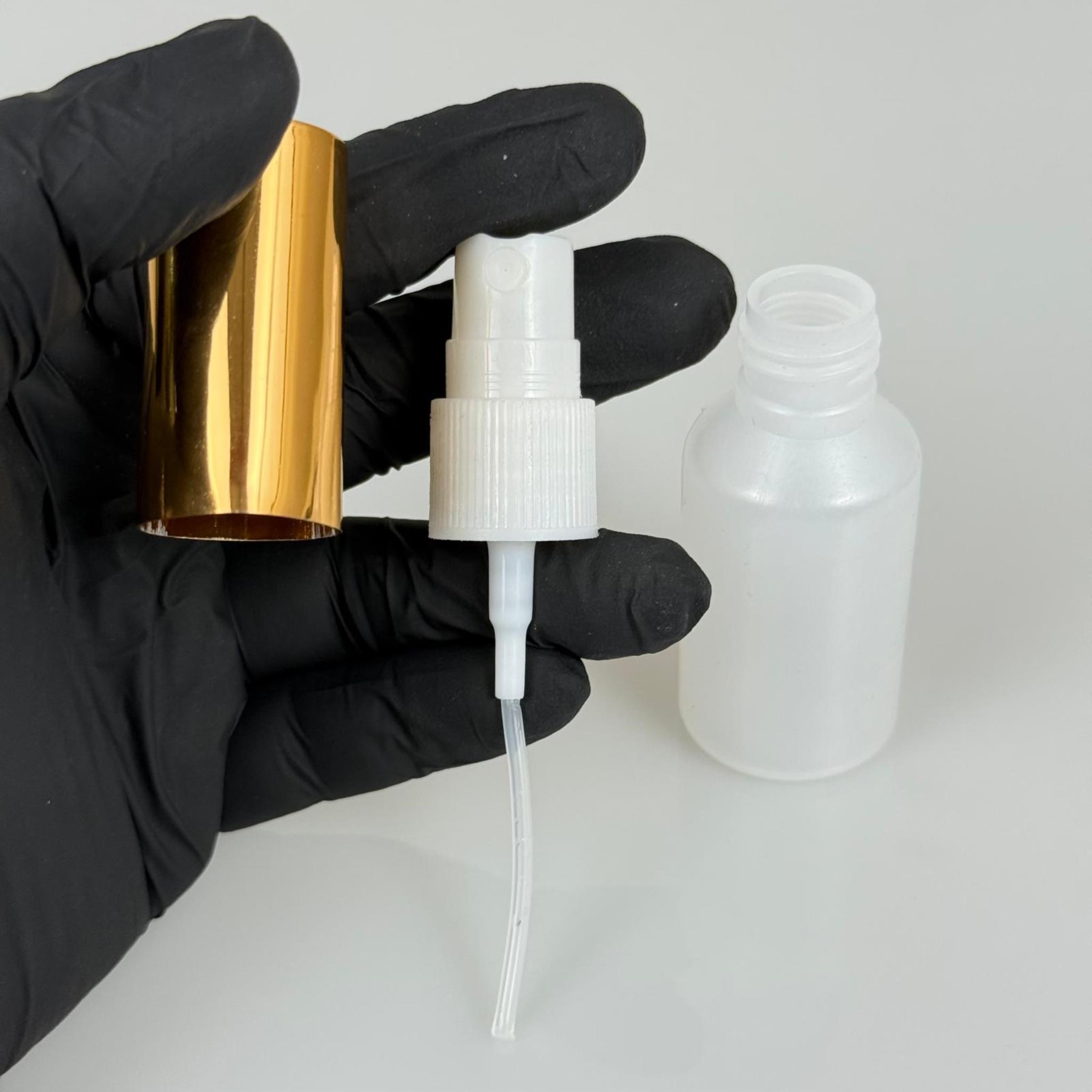 30 ML POLİETİLEN KOLONYA, PARFÜM VB ŞİŞELERİ - METAL ALÜMİNYUM GOLD KAPAK + VİDALI SPREY + 30 CC NATÜREL ŞİŞE SET TAKIM