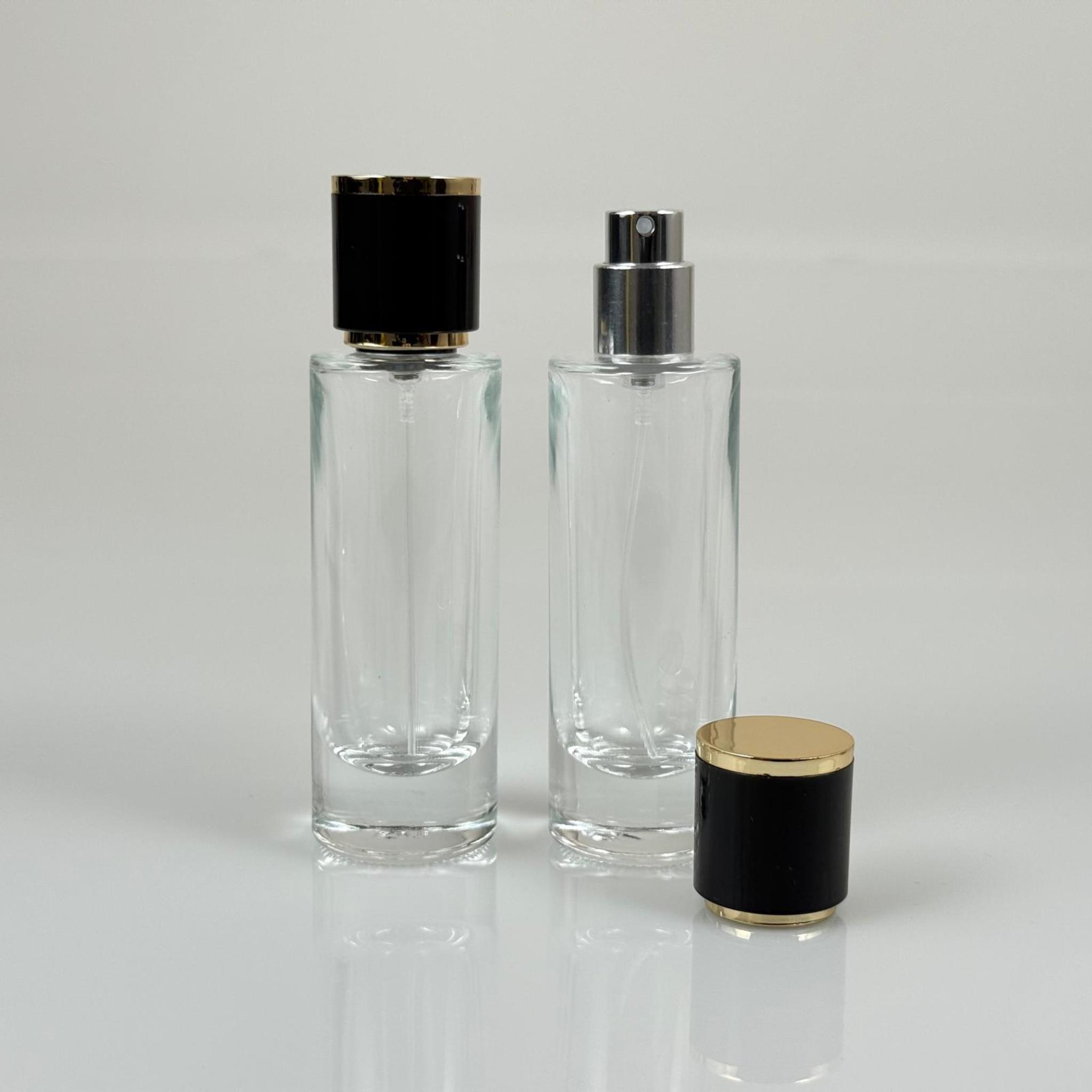 30 ML SİLİNDİR UZUN MODEL PARFÜM ŞİŞESİ - GÜMÜŞ METAL SPREYLİ + GOLD SİYAH KAPAKLI (AĞIZ 15 MM GEÇME KOLAY KAPAMA)