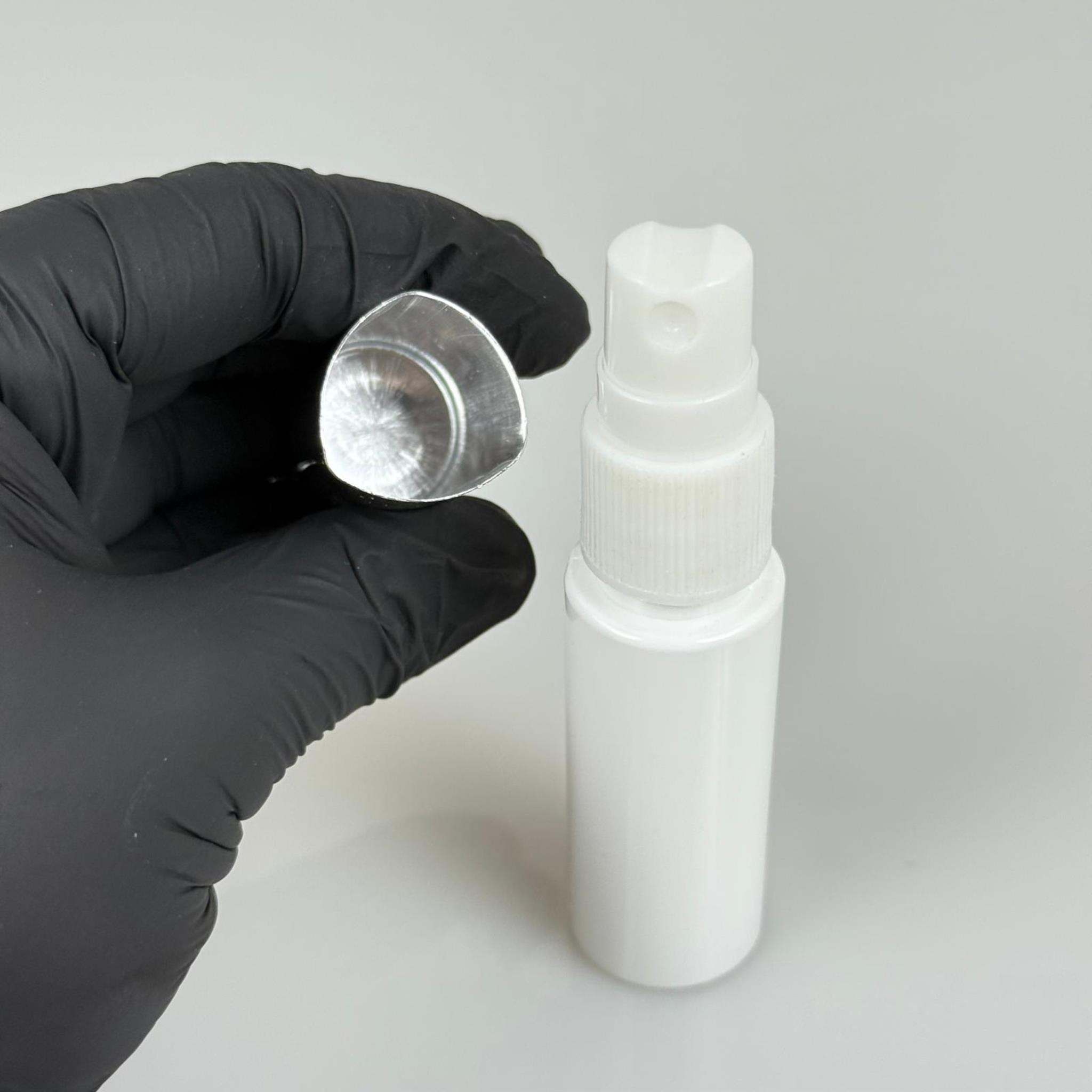 20 ML PET KOLONYA, PARFÜM VB ŞİŞELERİ - METAL ALÜMİNYUM GÜMÜŞ KAPAK + VİDALI SPREY + 20 CC BEYAZ UZUN MODEL ŞİŞE SET TAKIM