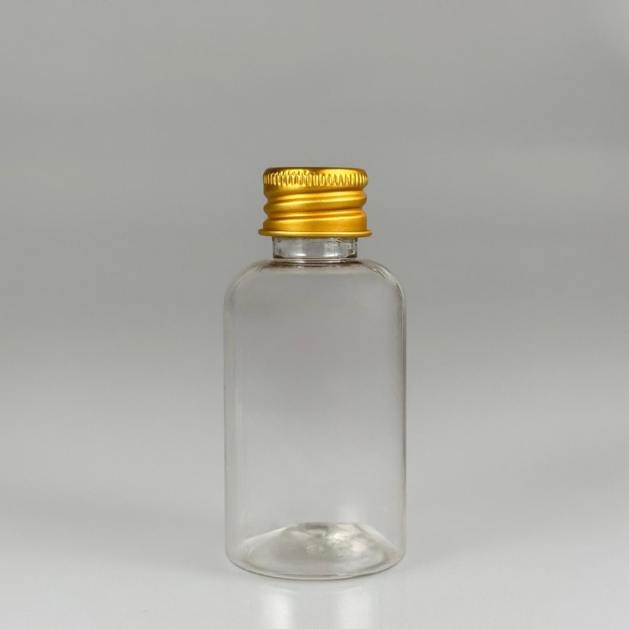 40 CC ŞEFFAF SİLİNDİR TOMBUL PET ŞİŞE + KÖPÜK CONTALI GOLD ALÜMİNYUM METAL KAPAKLI TAKIM - 40 ML PLASTİK ŞİŞE
