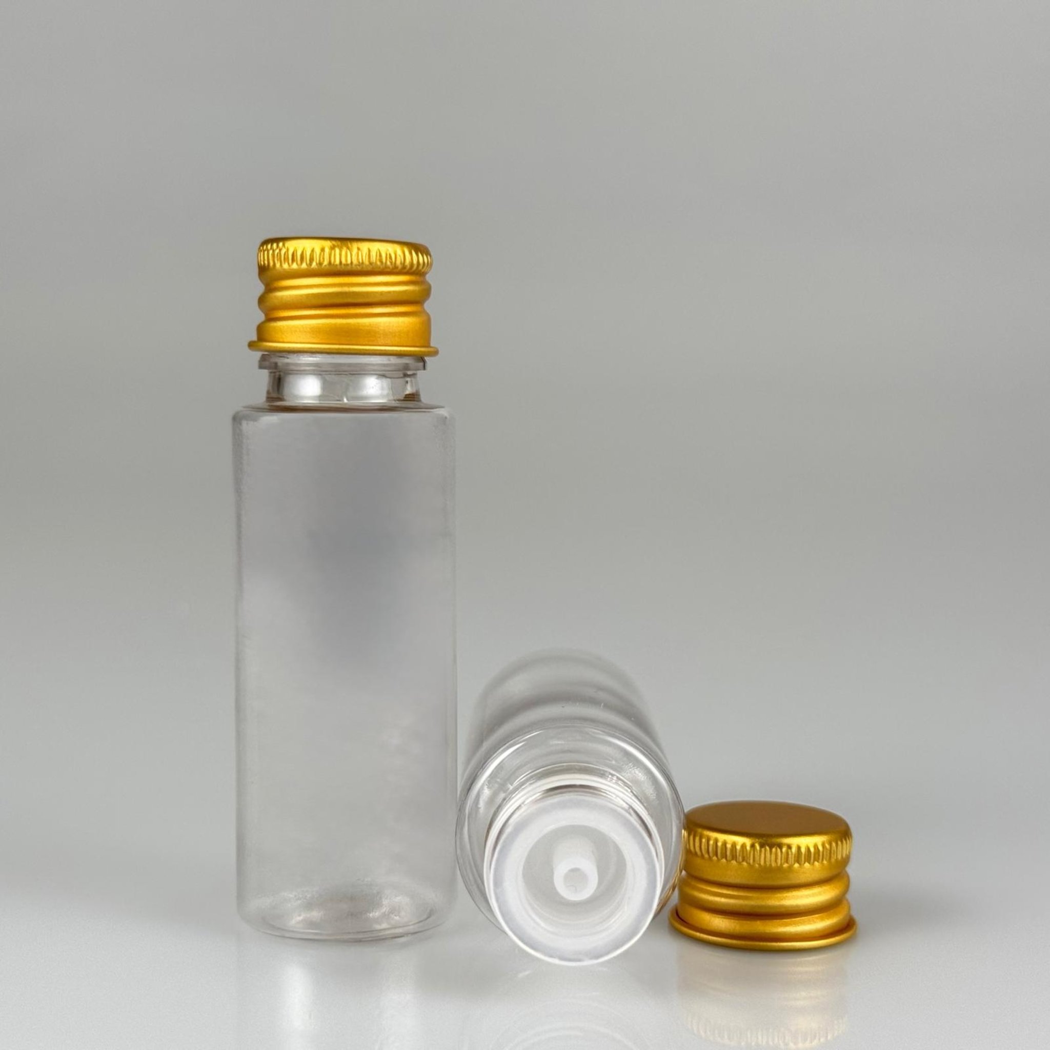 20 CC ŞEFFAF PET SHOT ŞİŞE - KÖPÜK CONTALI GOLD ALÜMİNYUM METAL KAPAKLI + DAMLALIKLI KOLONYA TIPALI TAKIM - 20 ML PLASTİK ŞİŞE