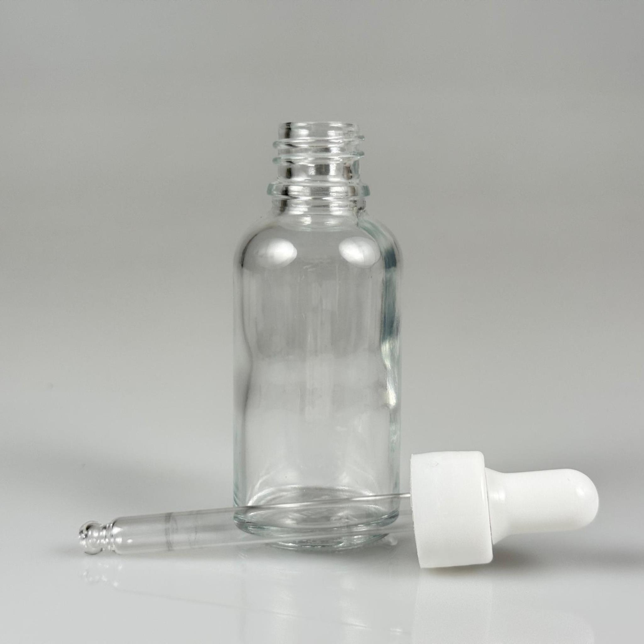 30 CC ŞEFFAF CAM DAMLALIKLI ŞİŞE - BEYAZ EMZİK + BEYAZ DÜZ KAPAK + CAM PİPET TAKIM - 30 ML DAMLALIKLI ŞİŞE SETİ