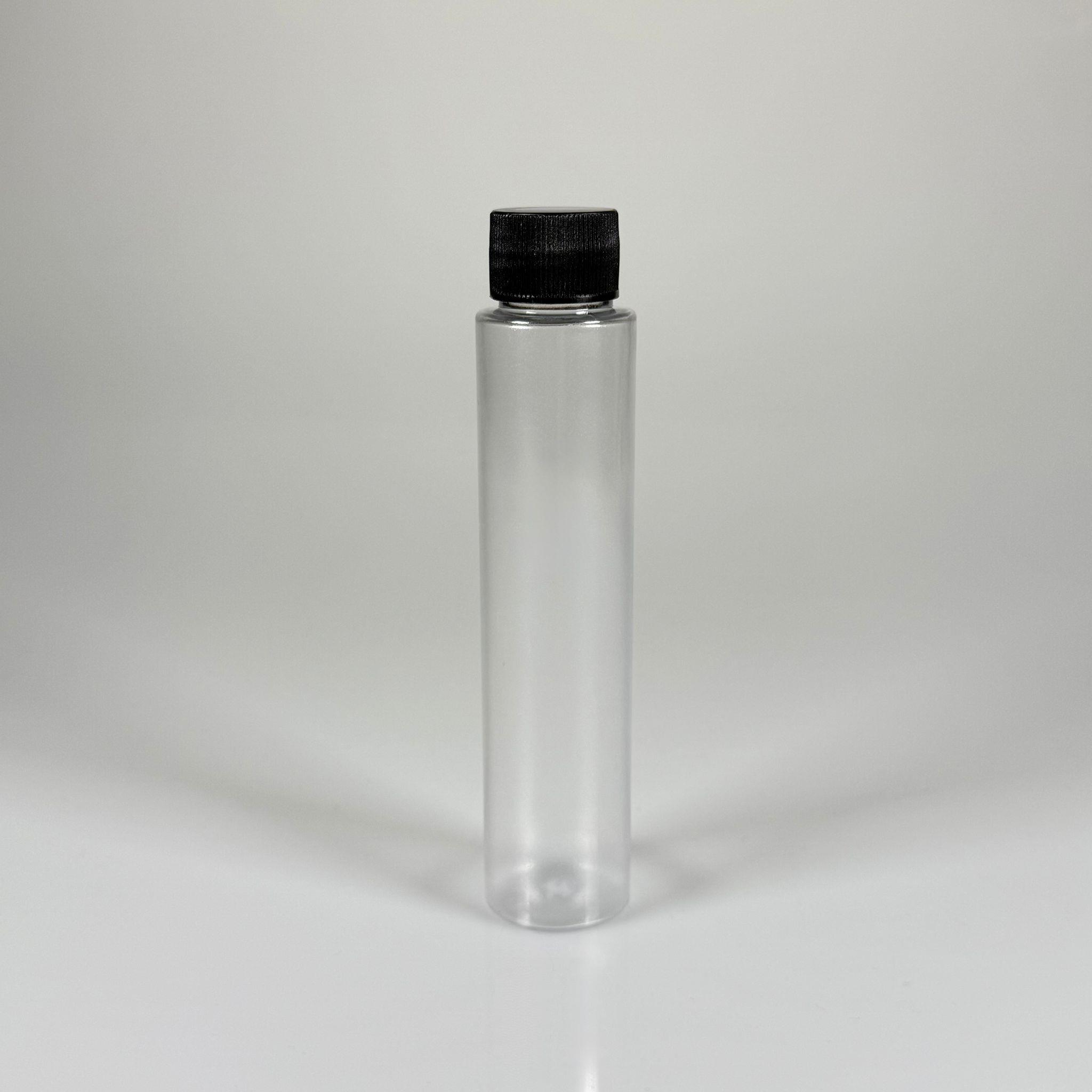 100 CC UZUN SİLİNDİR BUĞULU PET ŞİŞE (24 GR)  - CONTALI SİYAH KAPAKLI - 100 ML BİBERİYE SUYU, LAVANTA YAĞI, SAÇ SERUM, TONİK VB İÇİN PLASTİK KOZMETİK AMBALAJLARI
