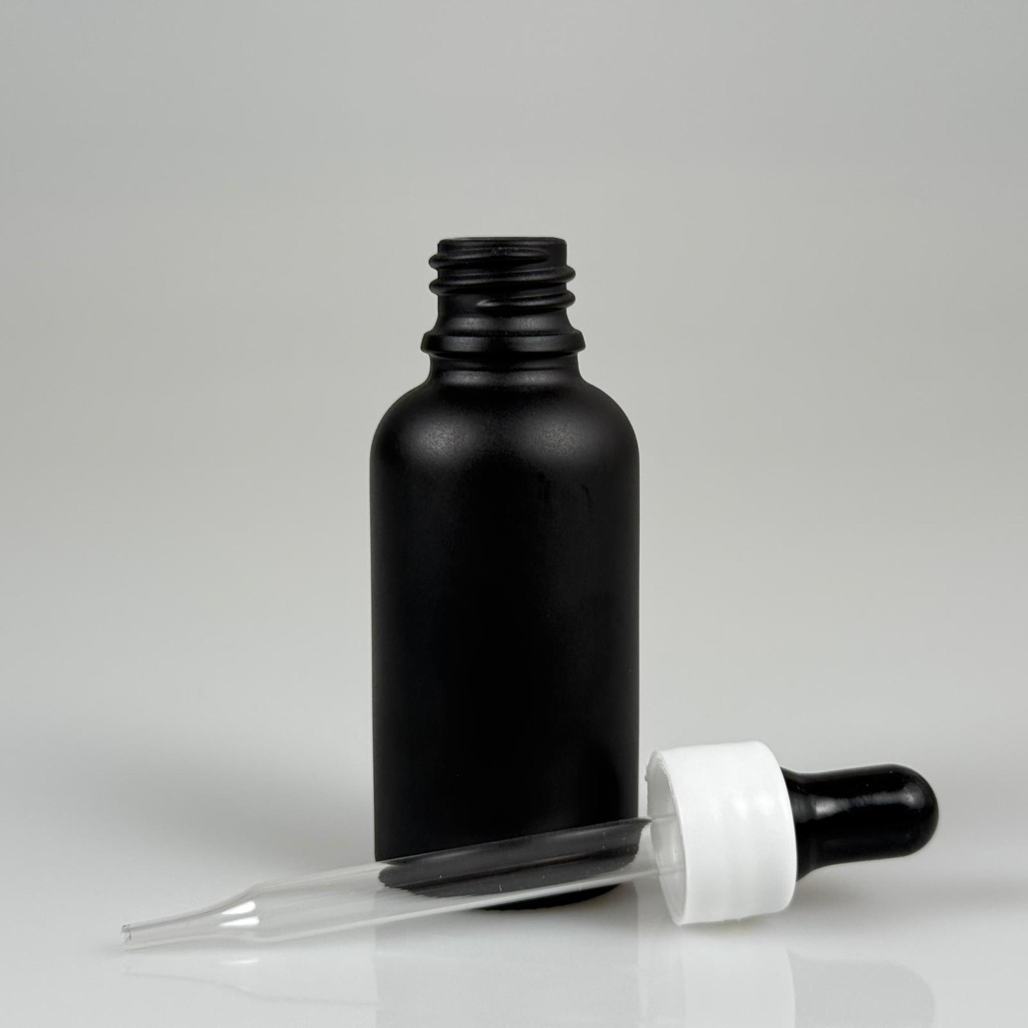 30 CC MAT SİYAH İNCE UÇLU CAM DAMLALIKLI ŞİŞE - SİYAH EMZİK + BEYAZ DÜZ KAPAK + CAM PİPET TAKIM - 30 ML MAT SİYAH DAMLALIKLI ŞİŞE SETİ