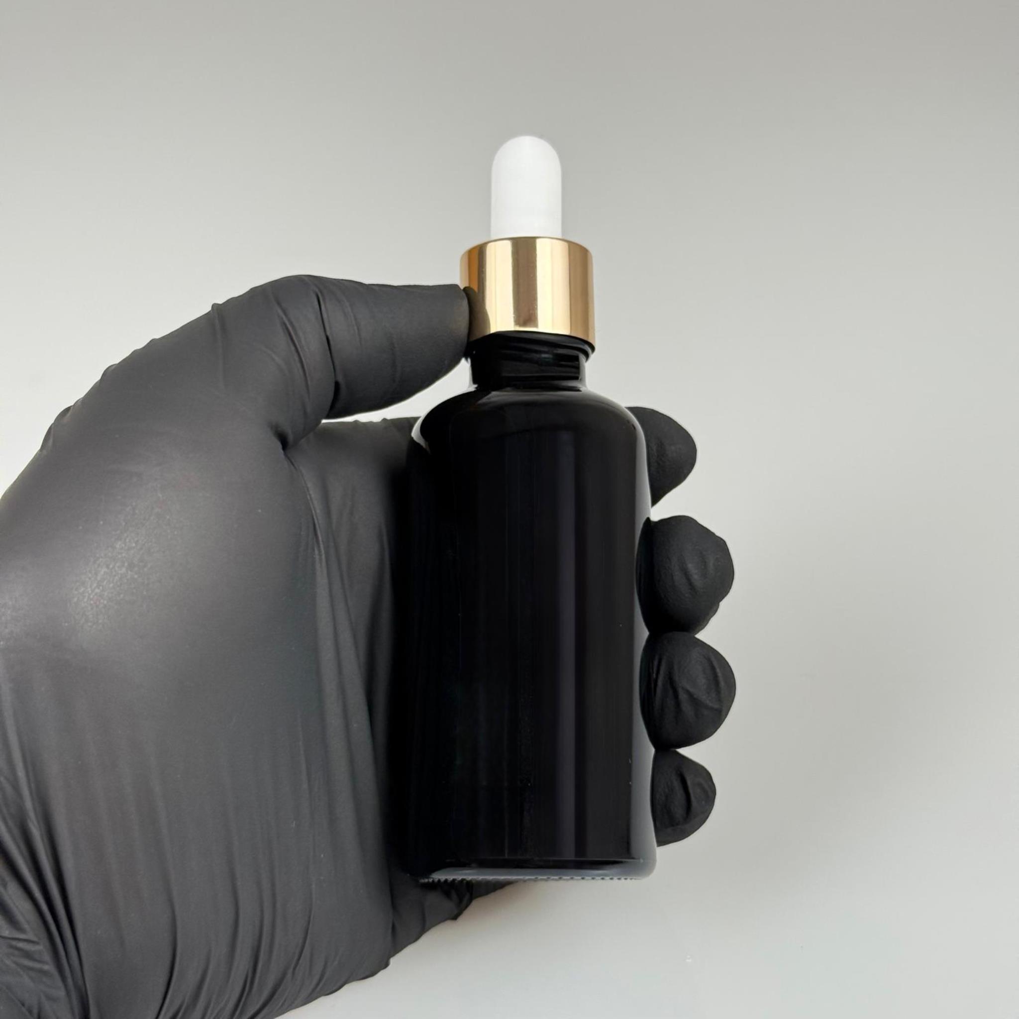 50 CC SİYAH CAM DAMLALIKLI ŞİŞE - BEYAZ EMZİK - GOLD METALİK KAPAK - 50 ML SİYAH CAM DAMLALIKLI ŞİŞE