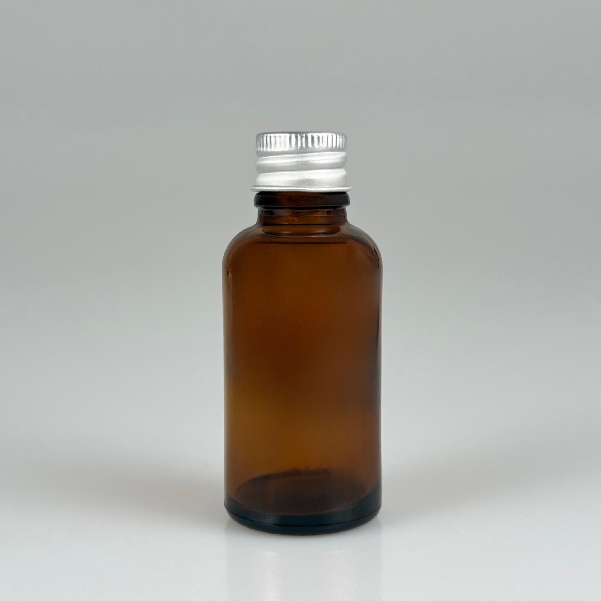 30 CC AMBER CAM ŞİŞE + KÖPÜK CONTALI GÜMÜŞ ALÜMİNYUM METAL KAPAKLI TAKIM - 30 ML KAHVERENGİ CAM ŞİŞE