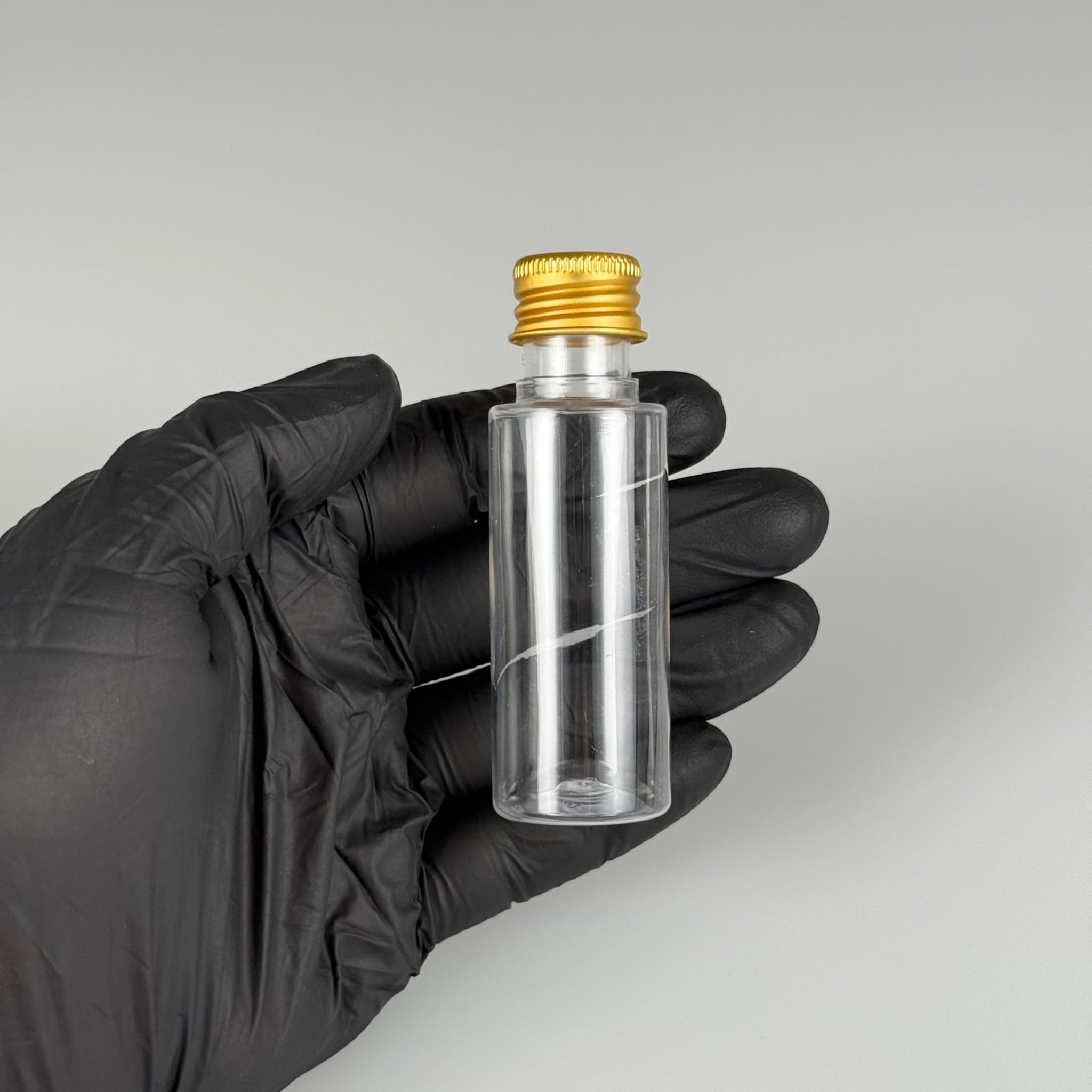 30 CC ŞEFFAF SİLİNDİR UZUN MODEL PET ŞİŞE + KÖPÜK CONTALI GOLD ALÜMİNYUM METAL KAPAKLI + KÖR TIPALI TAKIM - 30 ML PLASTİK ŞİŞE