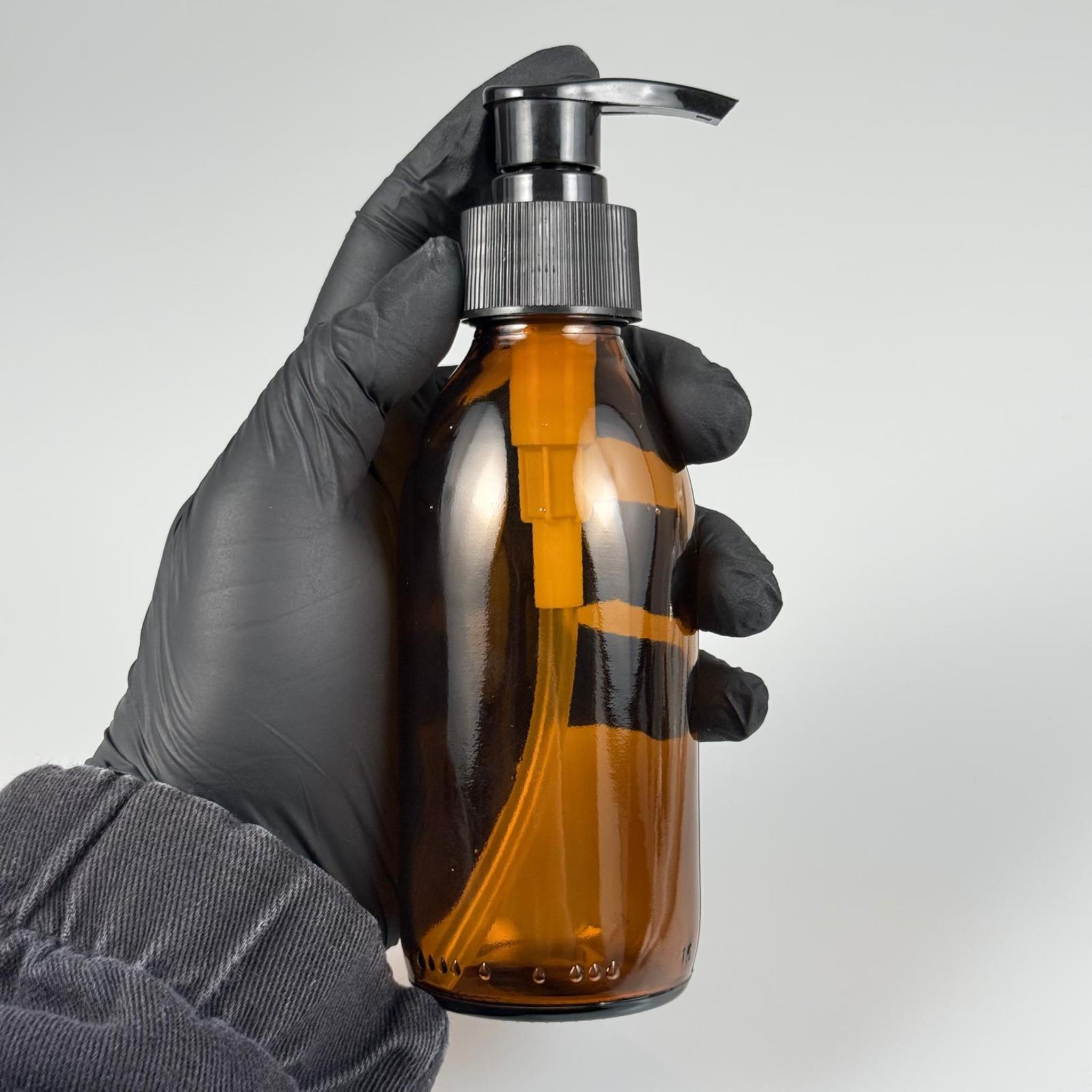160 CC AMBER CAM ŞİŞE  - VİDALI SİYAH PLASTİK SIVI SABUN POMPALI TAKIM - 160 ML CAM SIVI LOSYON, YAĞ ŞİŞELERİ